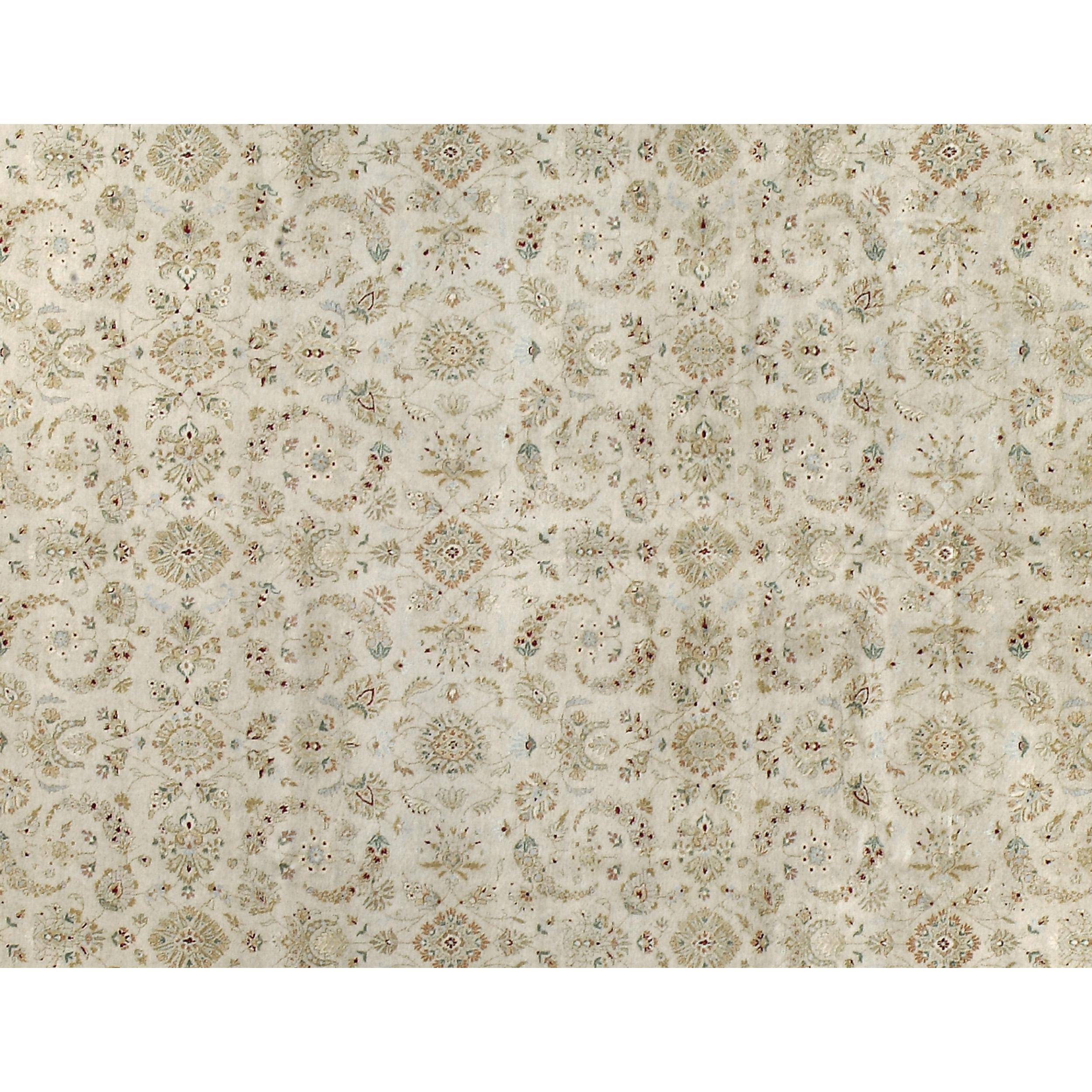 Pakistani Luxury Traditional Hand-Knotted Yezd Cream and Gold 12x18 Rug For Sale