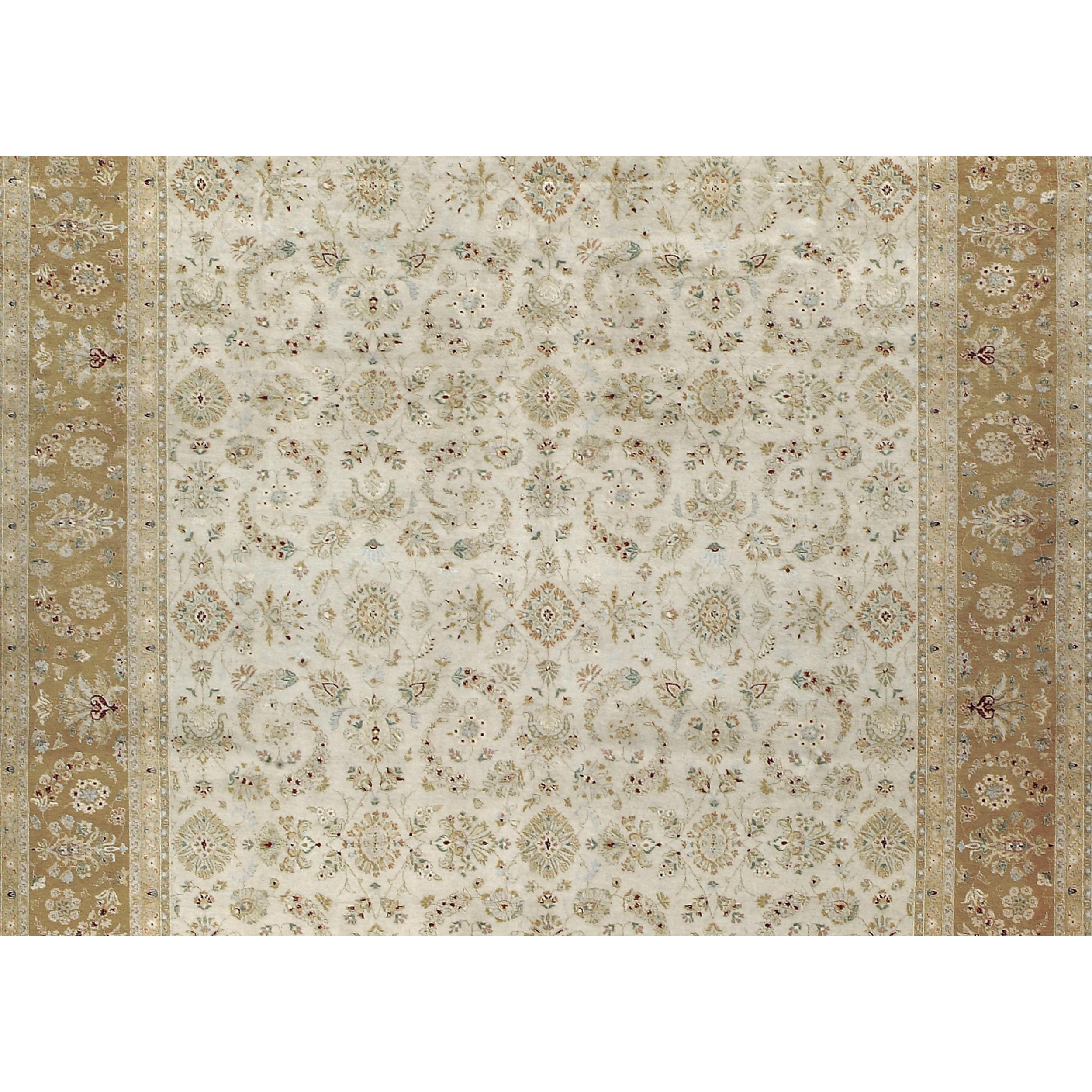 Lujosa Alfombra Tradicional Anudada a Mano Yezd Crema y Dorada 12x18 Anudado a mano en venta