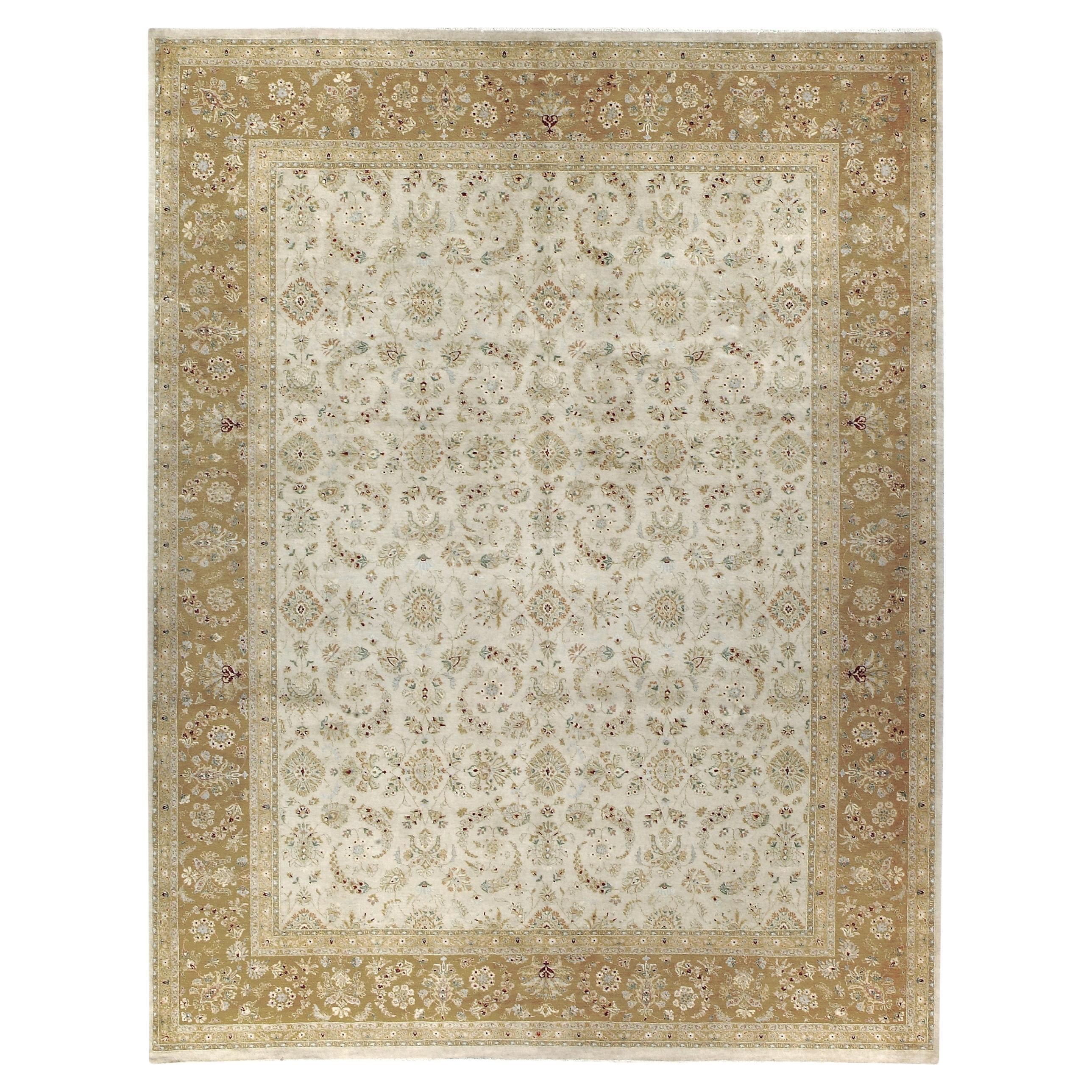 Luxury Traditional Hand-Knotted Yezd Cream and Gold 12x18 Rug