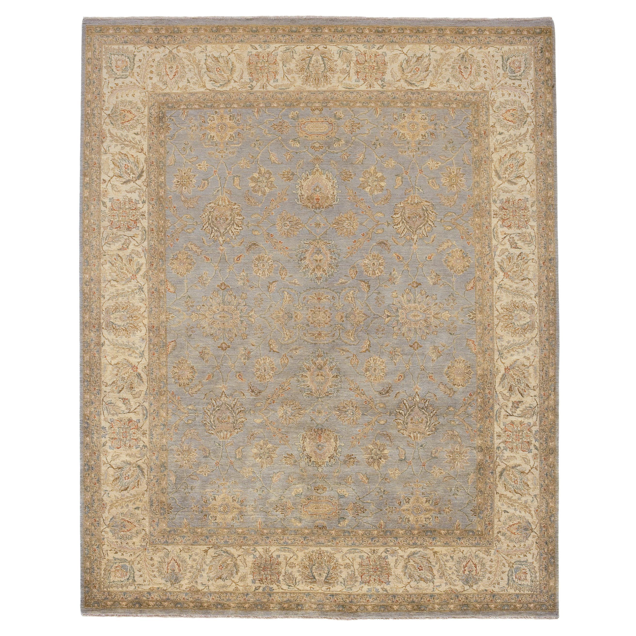 Luxury Traditional Hand-Knotted Ziegler Opal and Cream 12X24 Rug