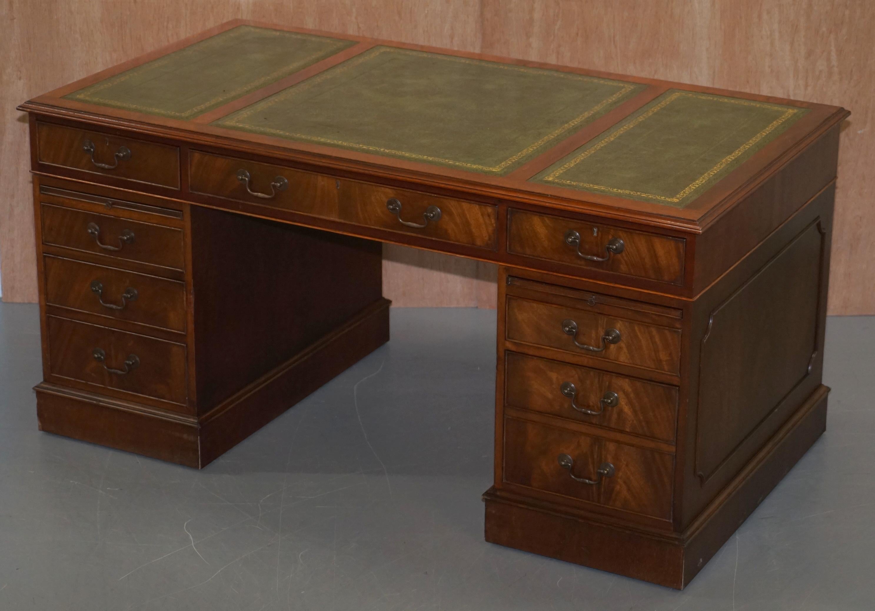 Modern Luxury Twin Pedestal Partner Desk, Twin Butlers Trays, Mahogany & Green Leather