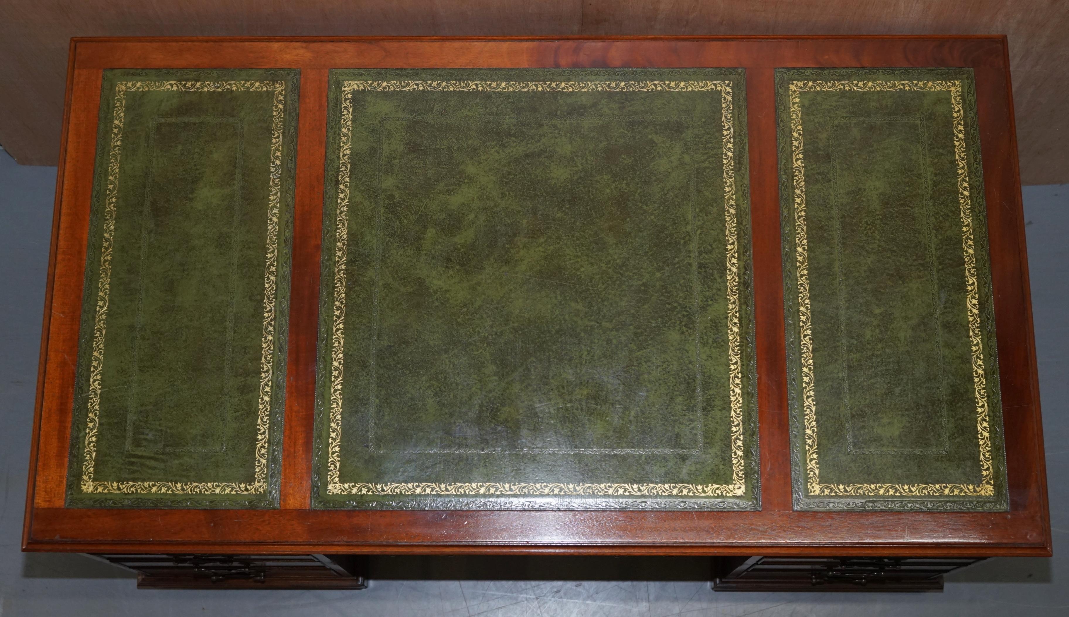 English Luxury Twin Pedestal Partner Desk, Twin Butlers Trays, Mahogany & Green Leather