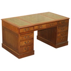 Vintage Luxury Twin Pedestal Partner Desk, Twin Butlers Trays, Mahogany & Green Leather
