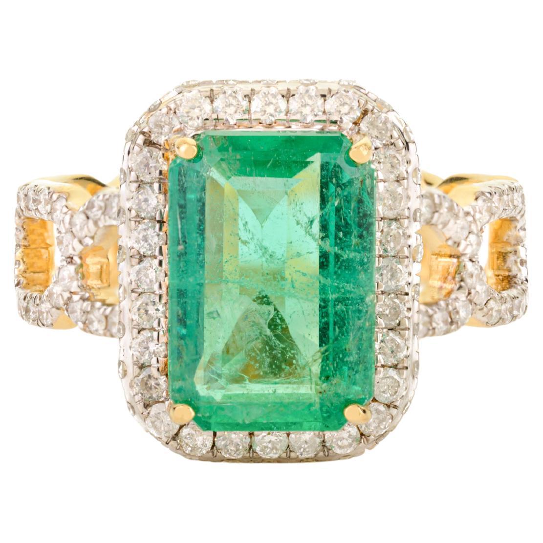 Luxury Unisex Statement Ring with Emerald & Halo Diamonds 18k Solid Yellow Gold