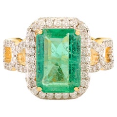 Luxury Unisex Statement Ring with Emerald & Halo Diamonds 18k Solid Yellow Gold
