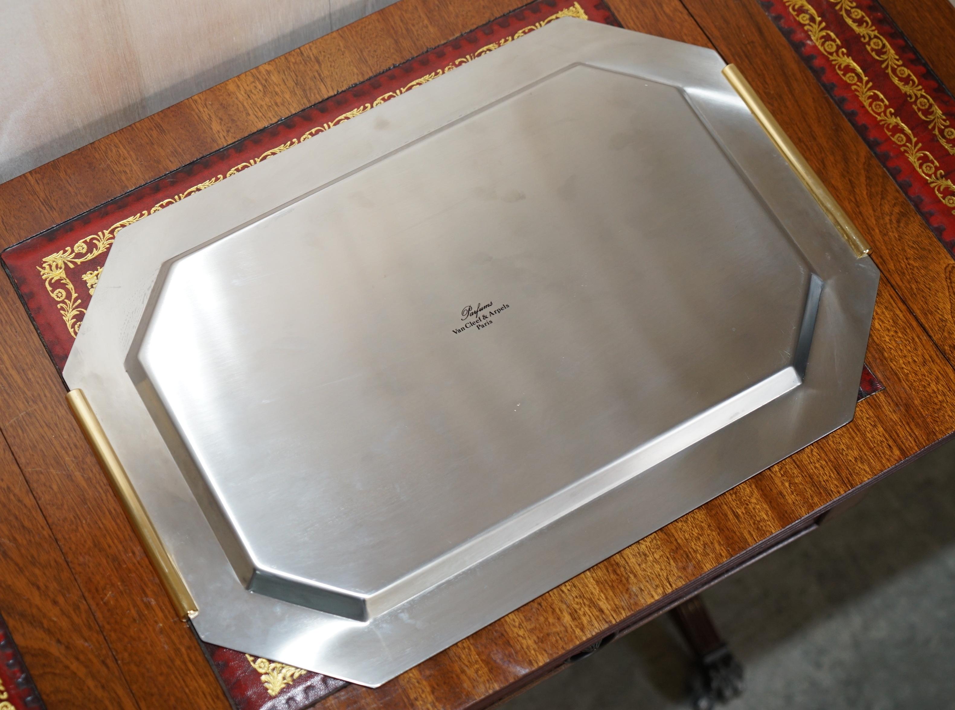 English Luxury Van Cleef & Arpels Paris Chrome Serving Tray with Gold Gilt Handles For Sale