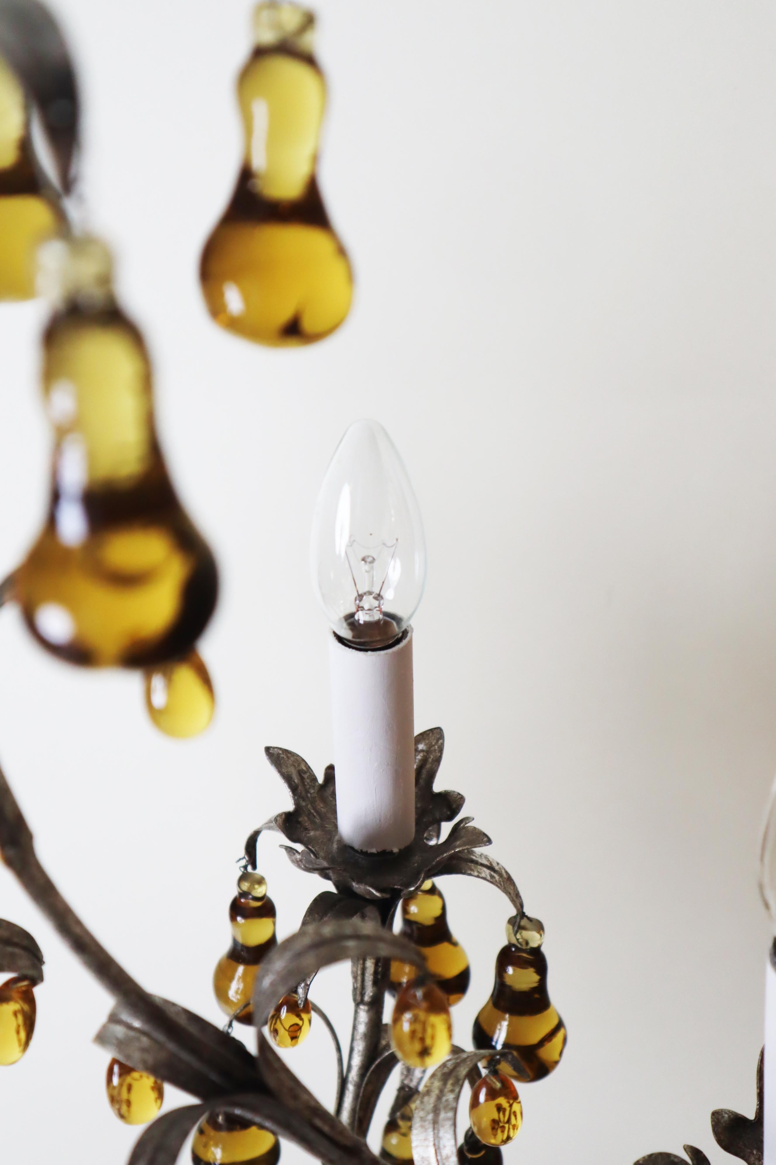 Luxury Venetian Six-Light Silver Chandelier with Amber Pear Fruit Murano Glass For Sale 2