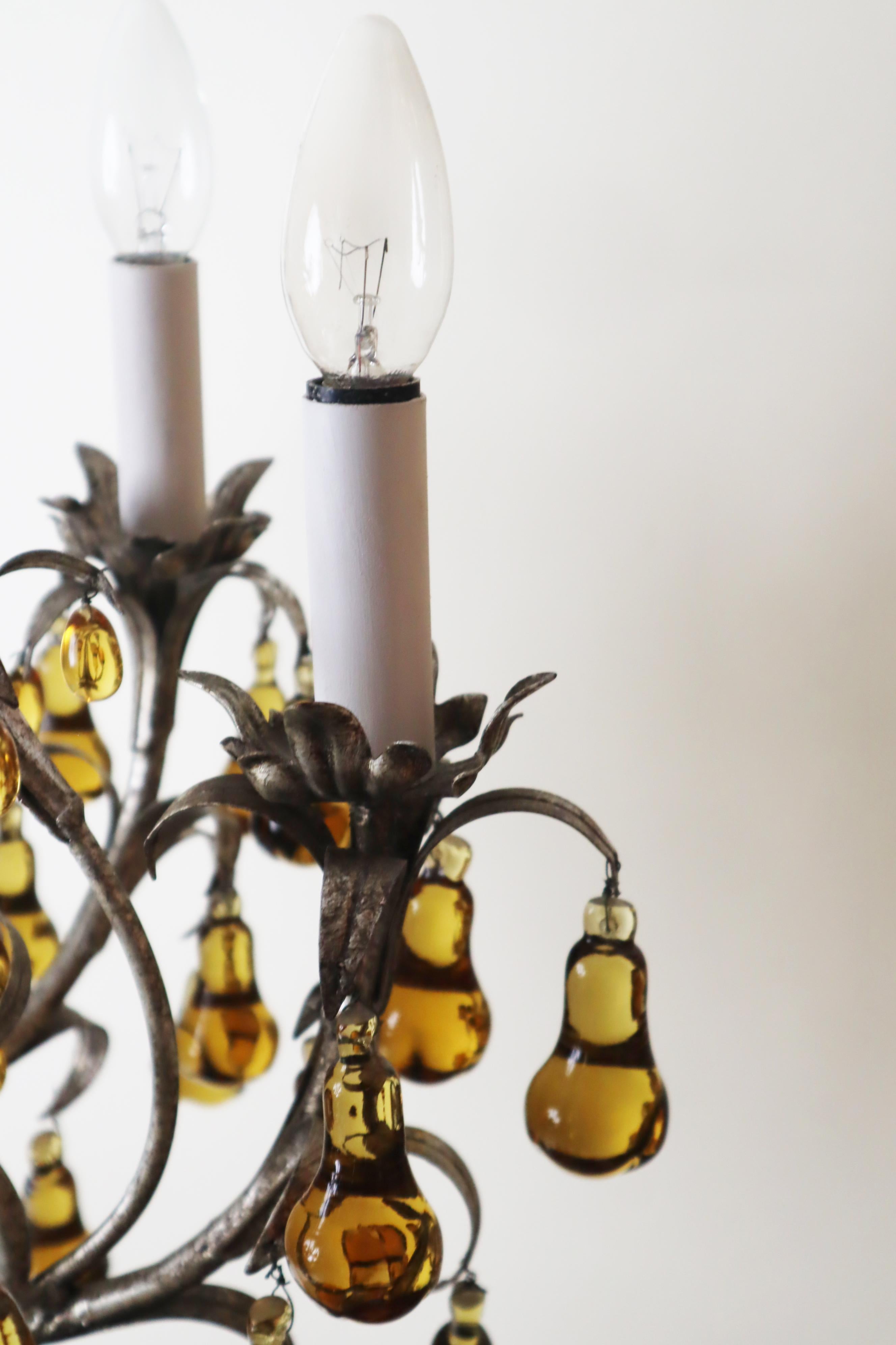 Luxury Venetian Six-Light Silver Chandelier with Amber Pear Fruit Murano Glass For Sale 4