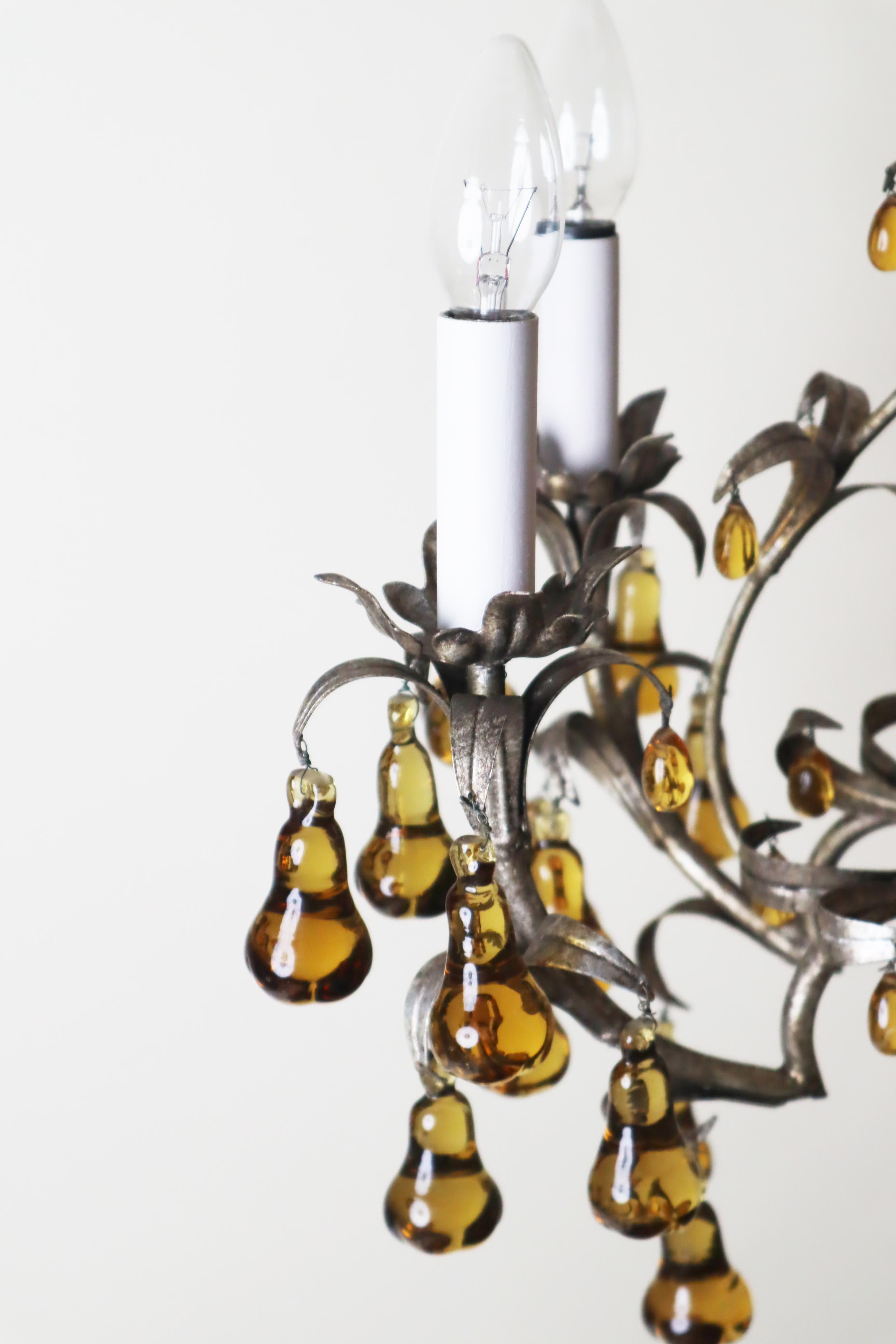 Luxury Venetian Six-Light Silver Chandelier with Amber Pear Fruit Murano Glass For Sale 5