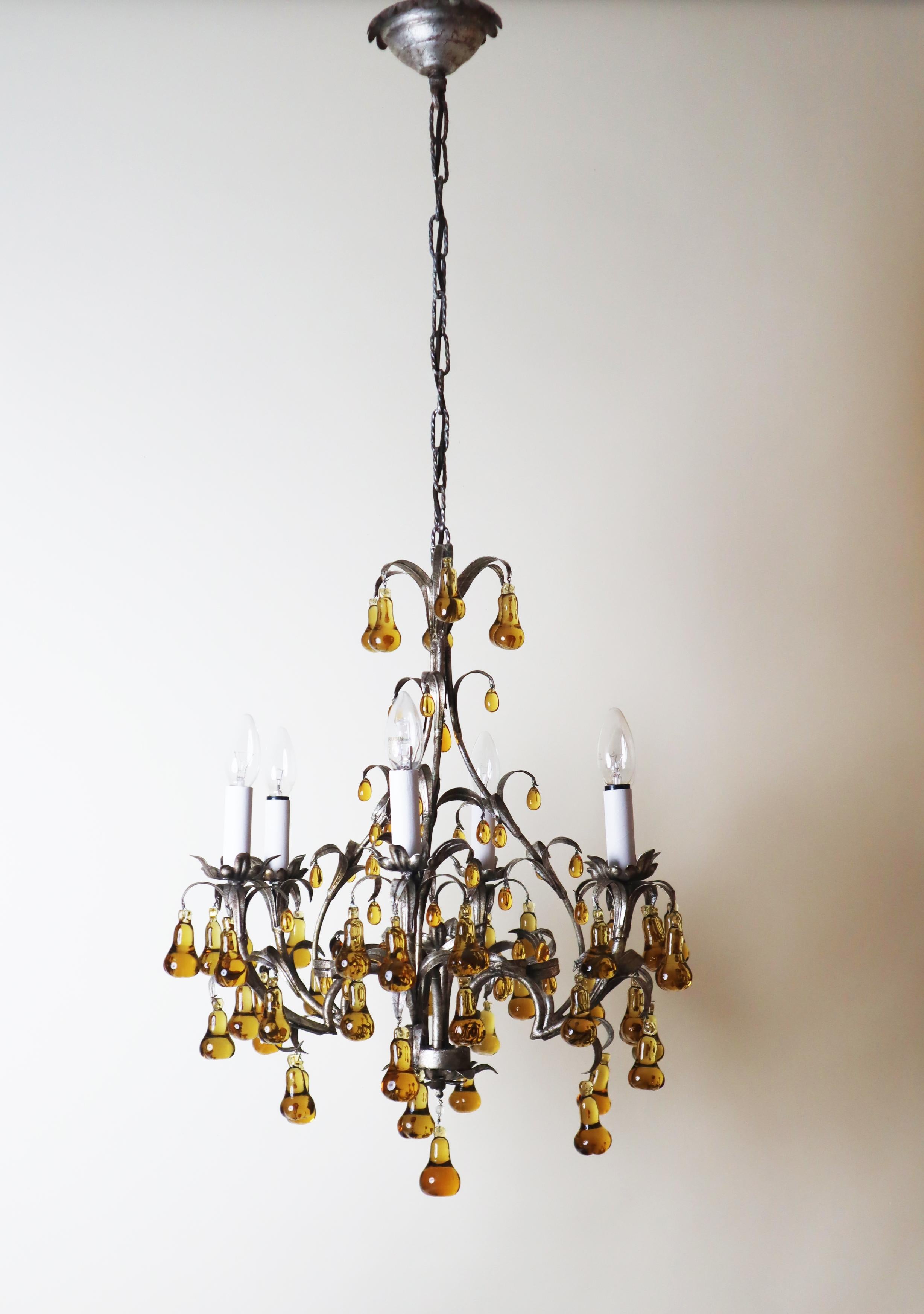 Luxury Venetian Six-Light Silver Chandelier with Amber Pear Fruit Murano Glass For Sale 6