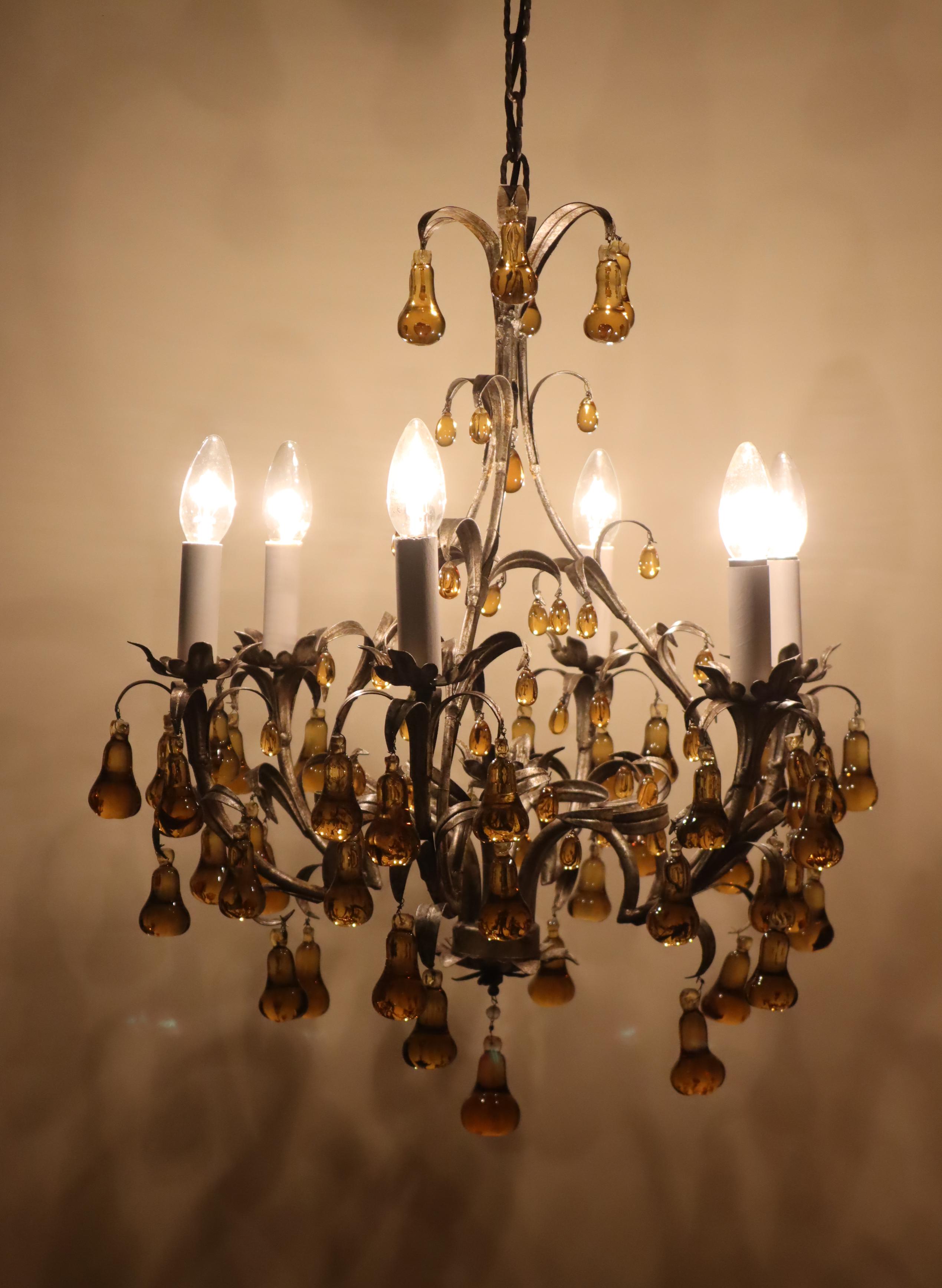 Luxury Venetian Six-Light Silver Chandelier with Amber Pear Fruit Murano Glass For Sale 8