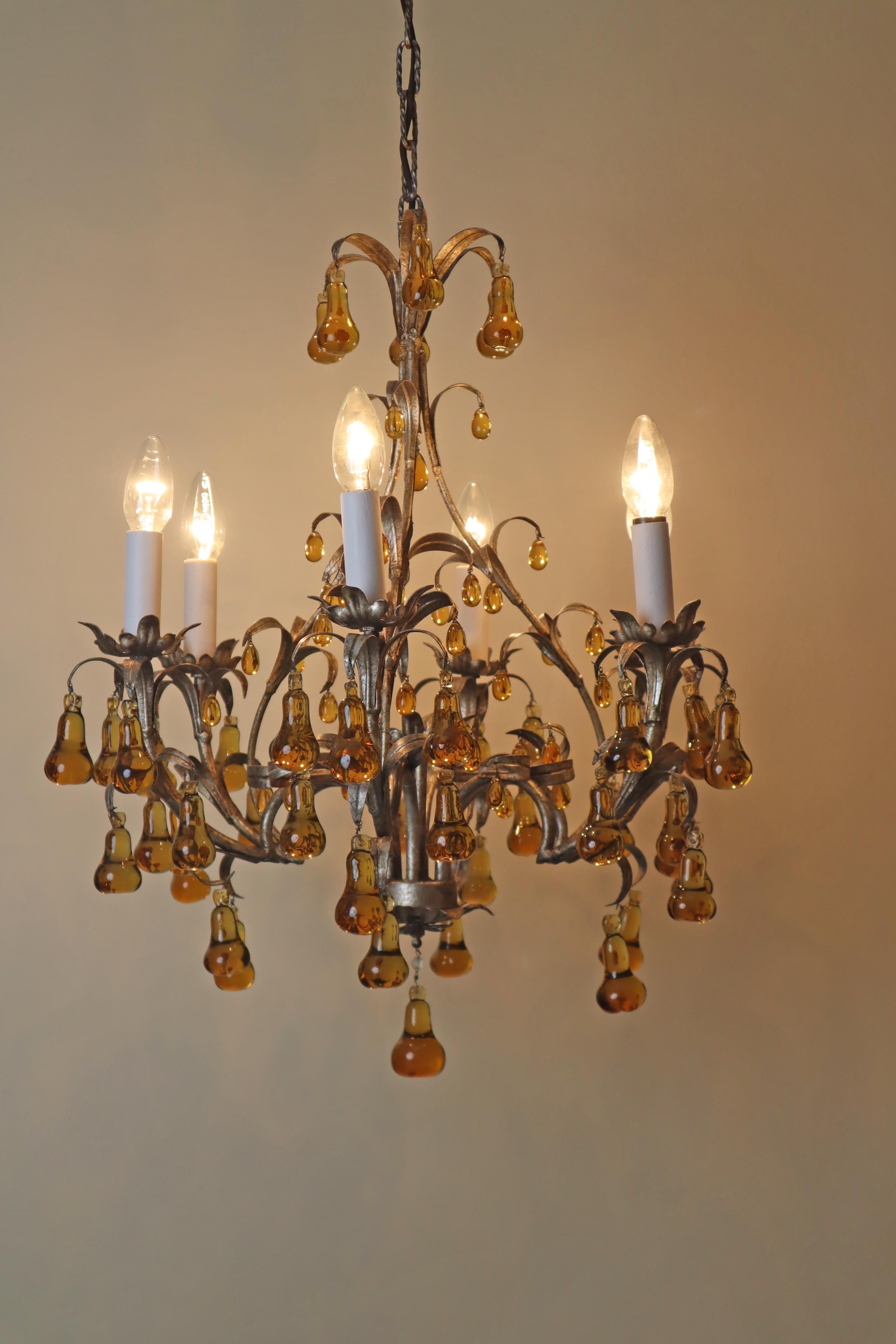 Luxury Venetian Six-Light Silver Chandelier with Amber Pear Fruit Murano Glass For Sale 9