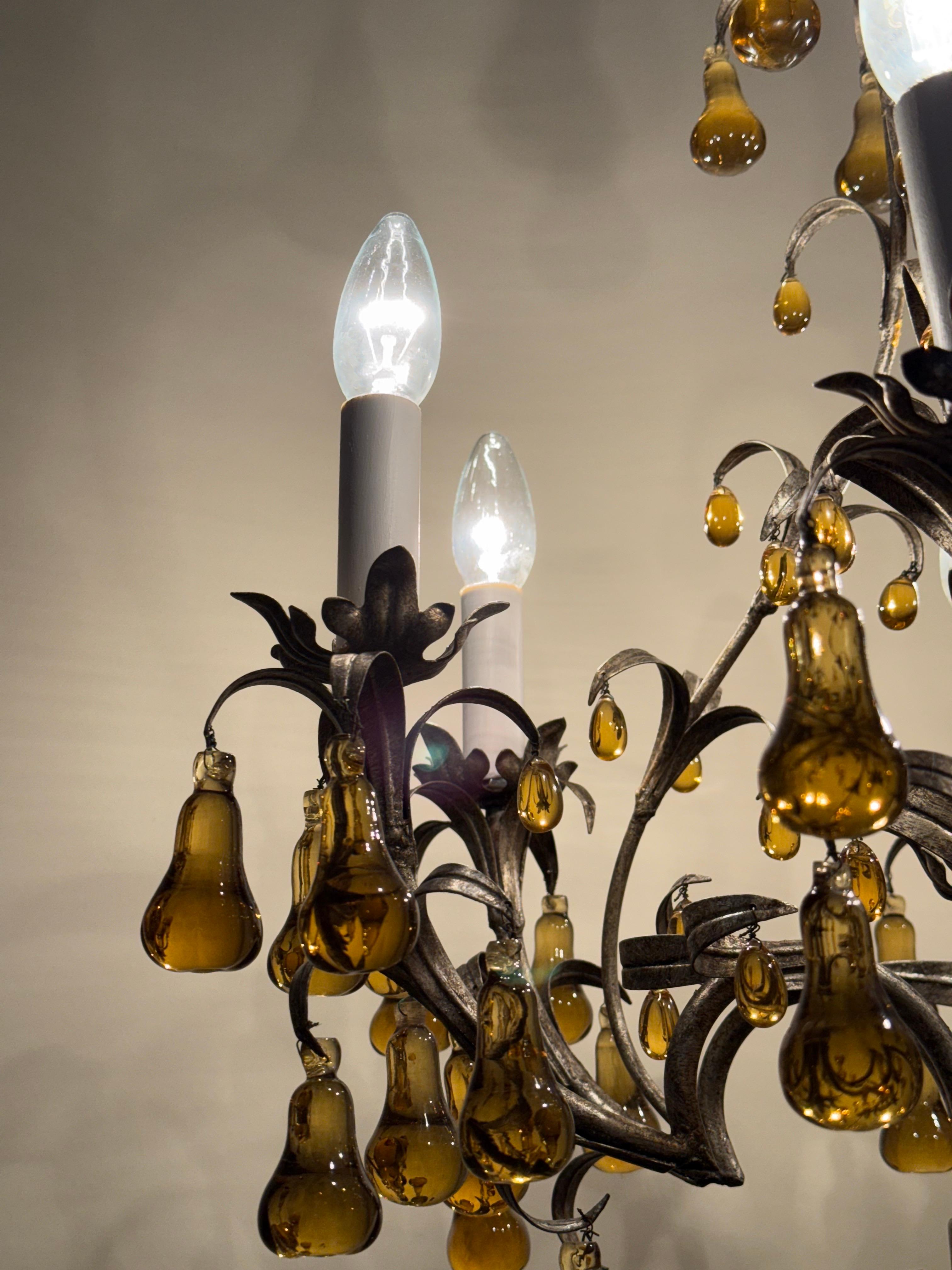 Luxury Venetian Six-Light Silver Chandelier with Amber Pear Fruit Murano Glass For Sale 10