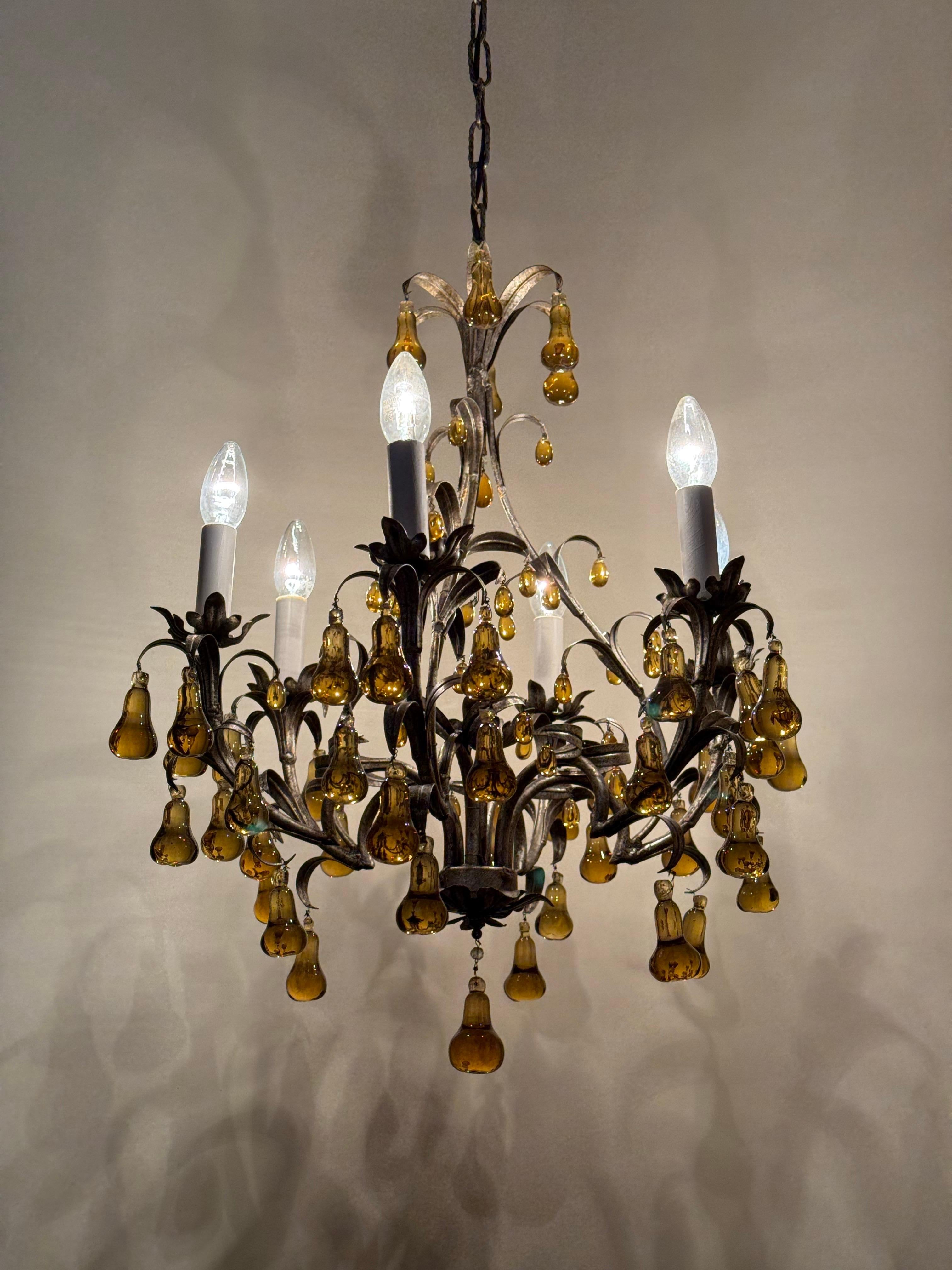 Luxury Venetian Six-Light Silver Chandelier with Amber Pear Fruit Murano Glass For Sale 11