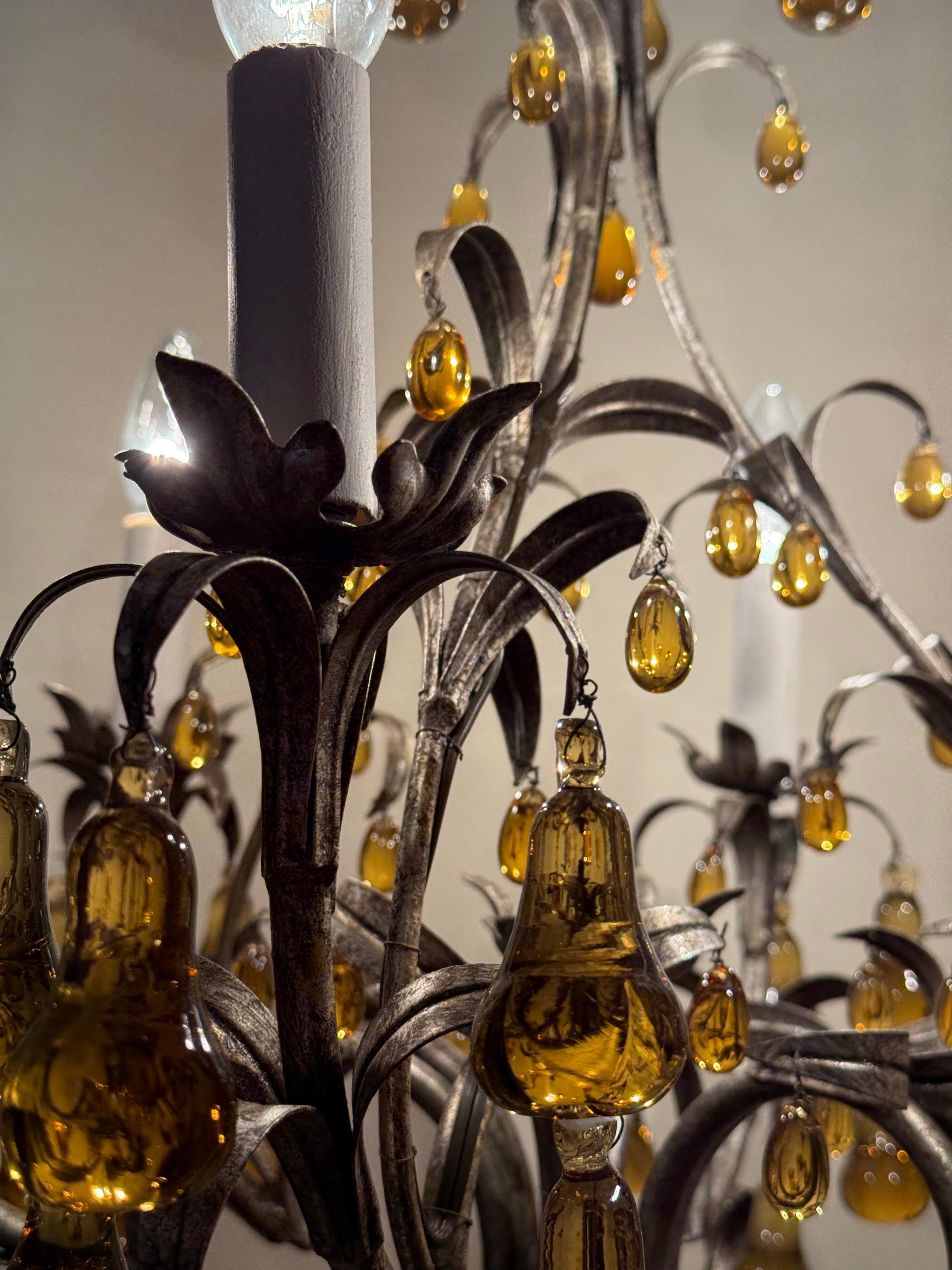 Luxury Venetian Six-Light Silver Chandelier with Amber Pear Fruit Murano Glass For Sale 12