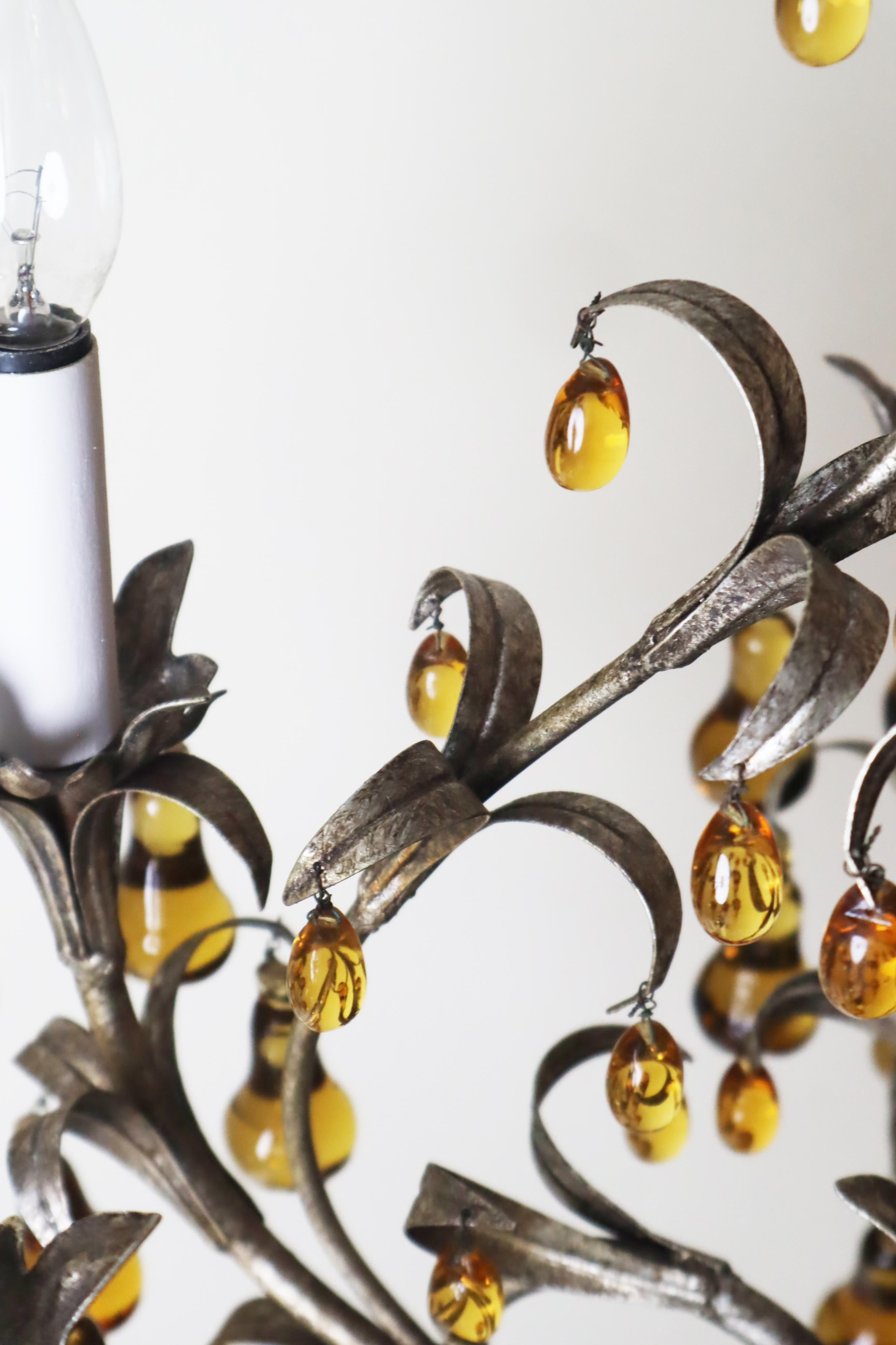 Hollywood Regency Luxury Venetian Six-Light Silver Chandelier with Amber Pear Fruit Murano Glass For Sale