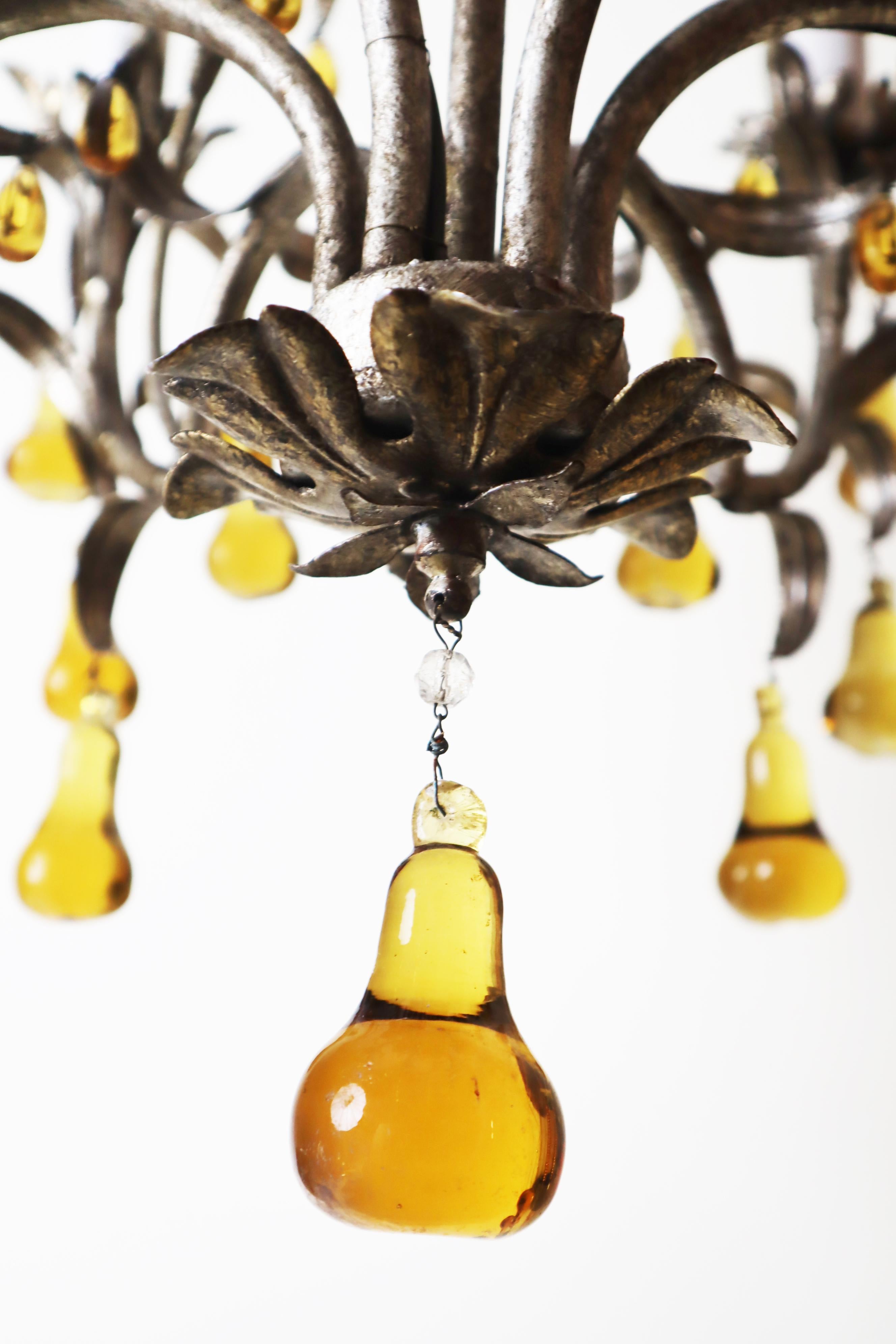 Hand-Crafted Luxury Venetian Six-Light Silver Chandelier with Amber Pear Fruit Murano Glass For Sale