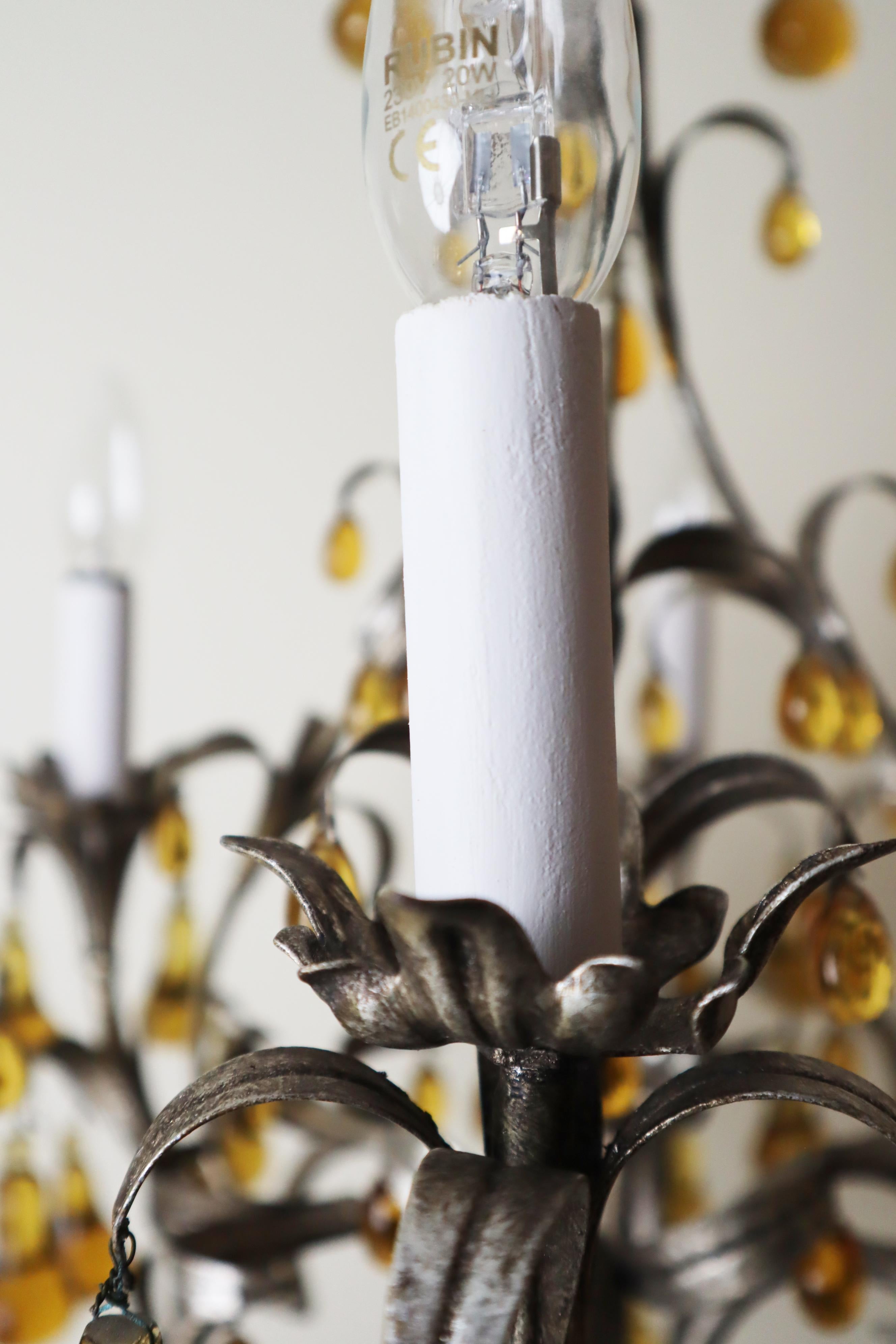 Mid-20th Century Luxury Venetian Six-Light Silver Chandelier with Amber Pear Fruit Murano Glass For Sale