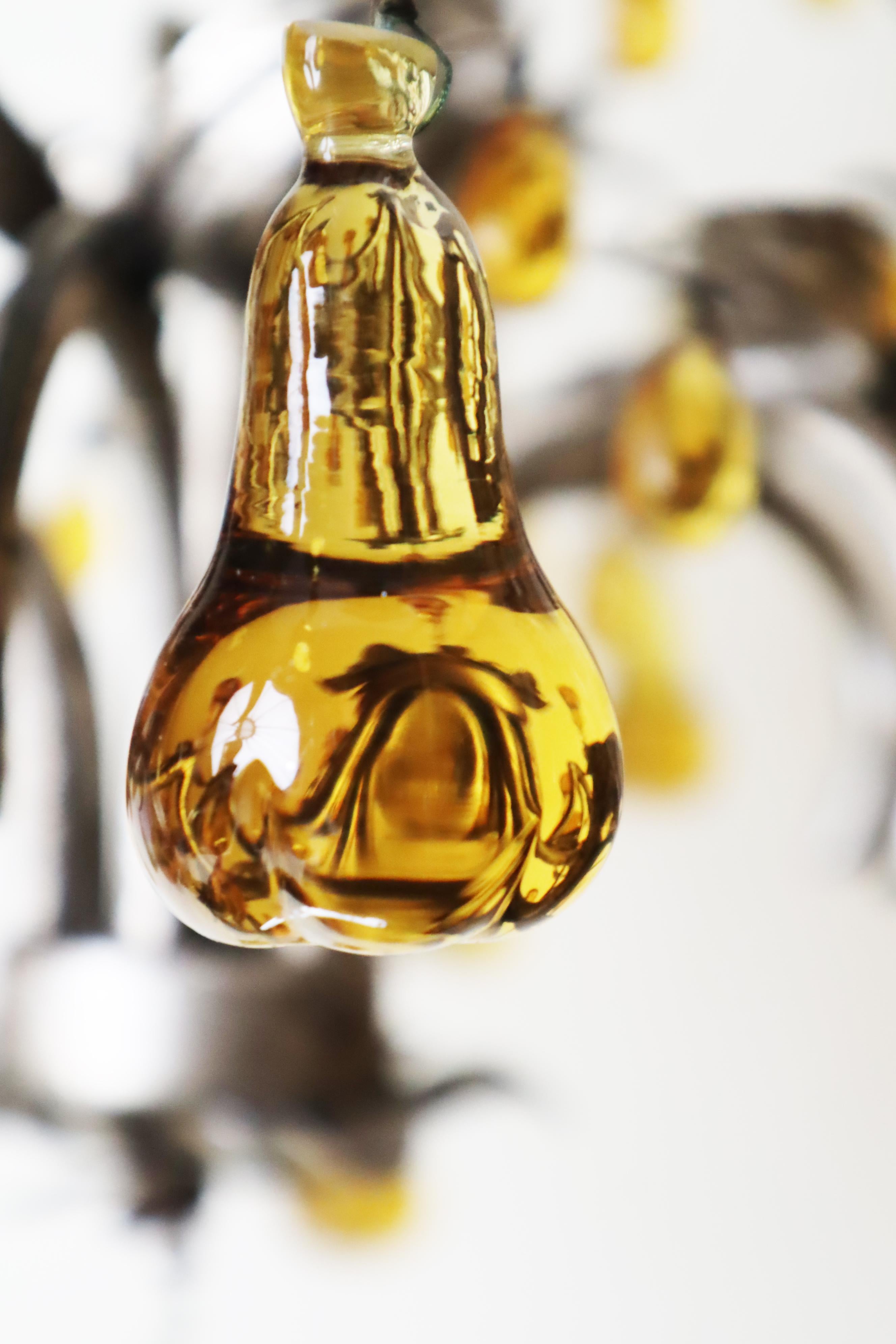 Metal Luxury Venetian Six-Light Silver Chandelier with Amber Pear Fruit Murano Glass For Sale