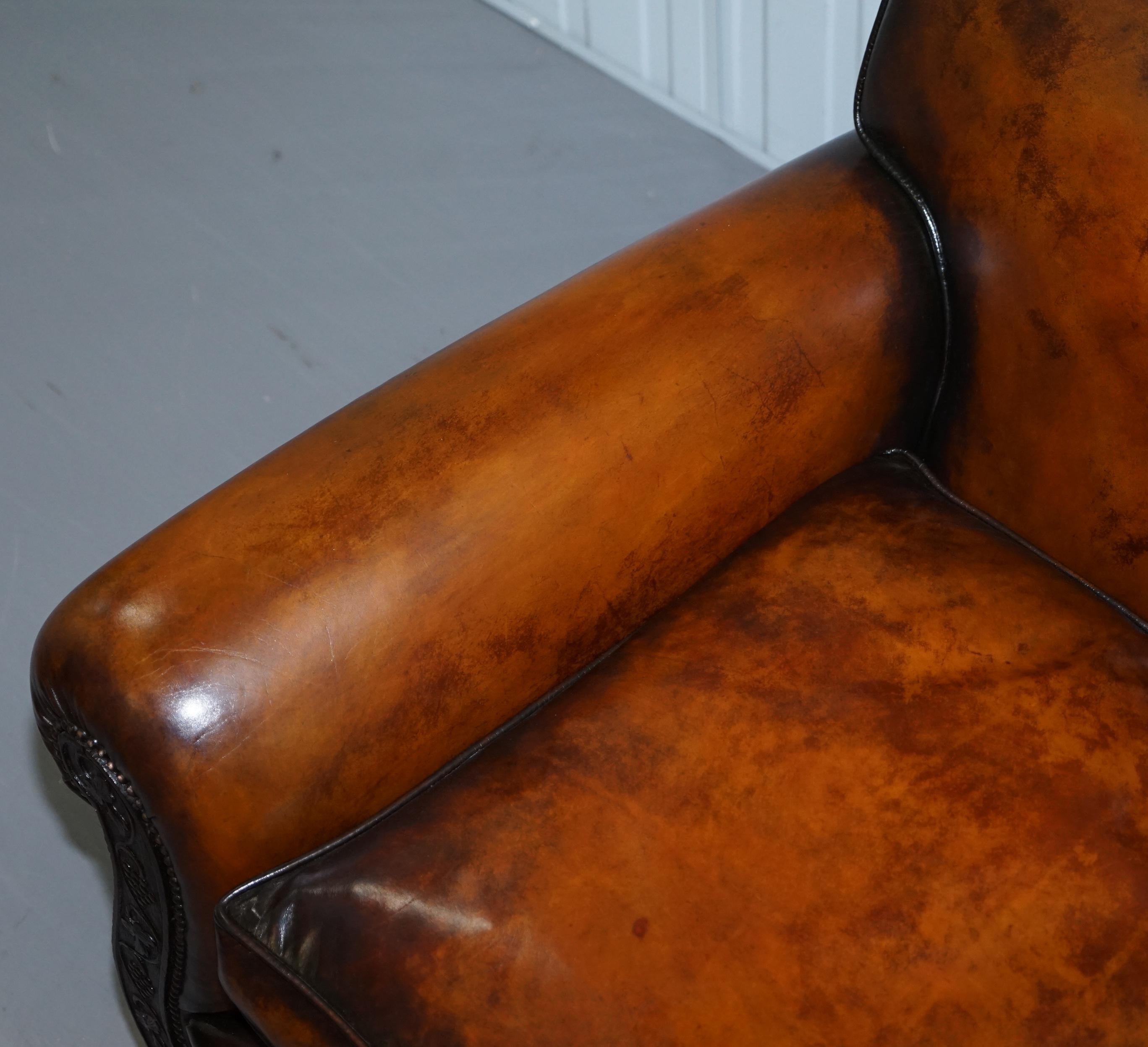 Luxury Victorian Hand Dyed Aged Brown Leather Two Seat Sofa Hand Carved Floral For Sale 2