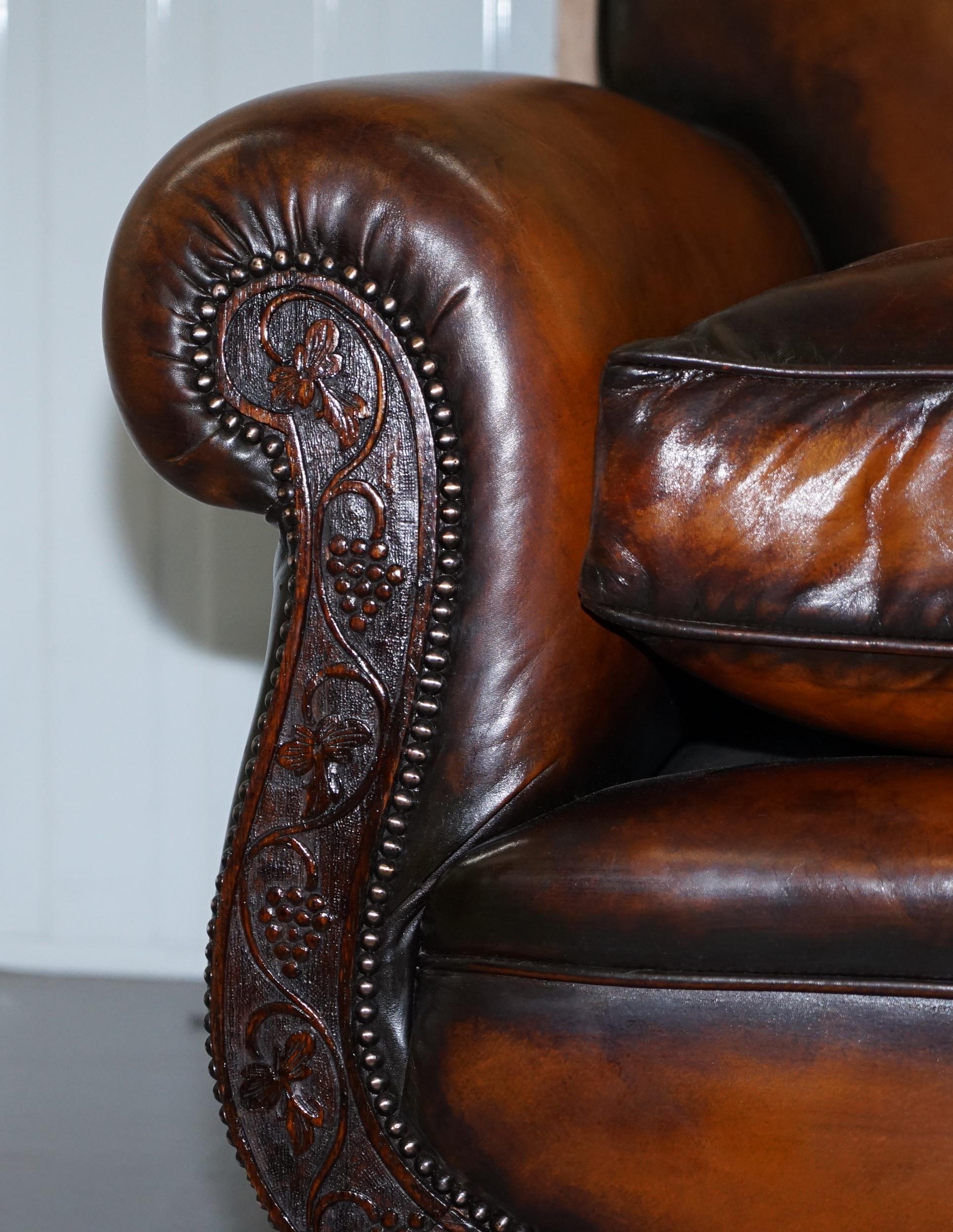 Luxury Victorian Hand Dyed Aged Brown Leather Two Seat Sofa Hand Carved Floral For Sale 4