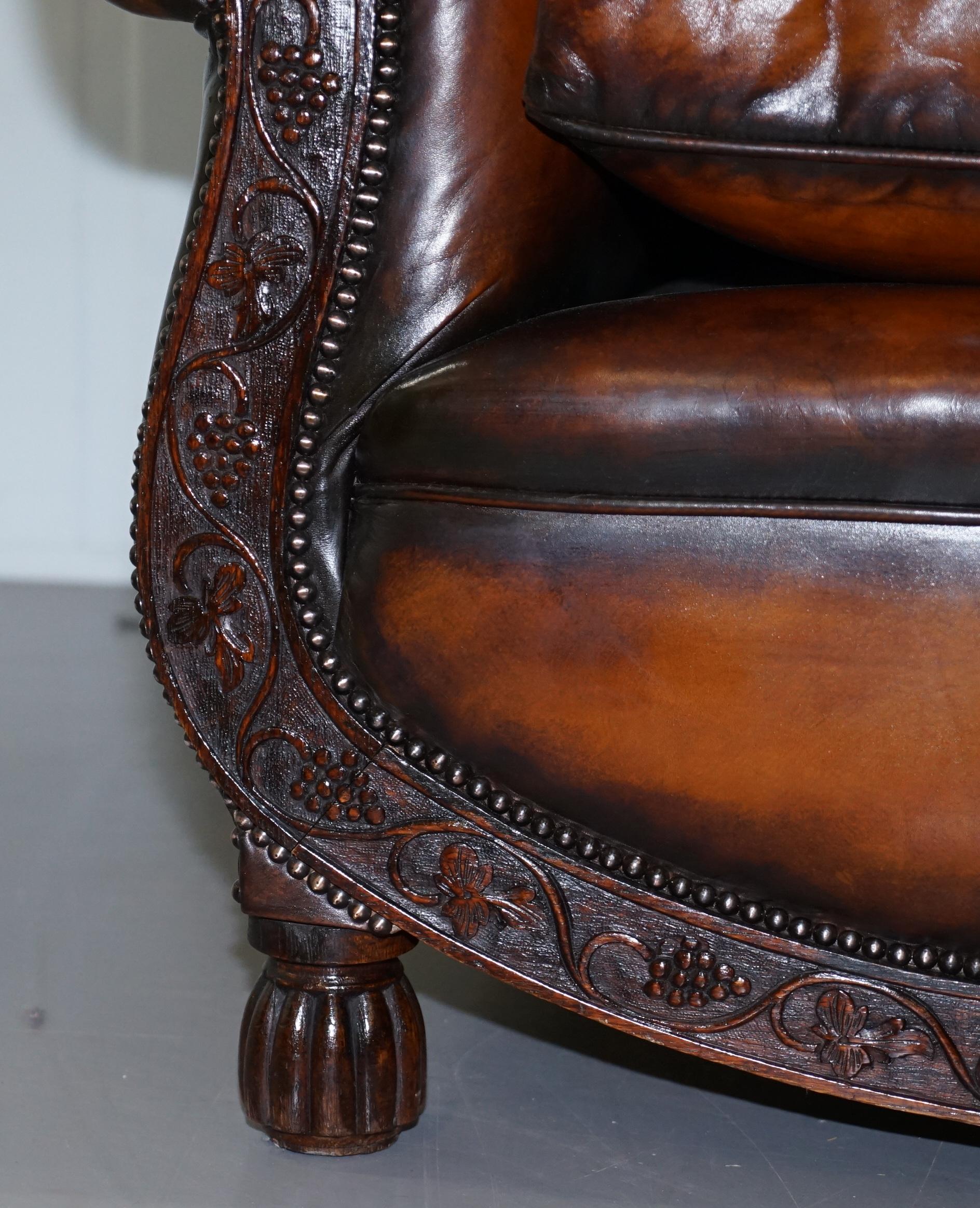 Luxury Victorian Hand Dyed Aged Brown Leather Two Seat Sofa Hand Carved Floral For Sale 5