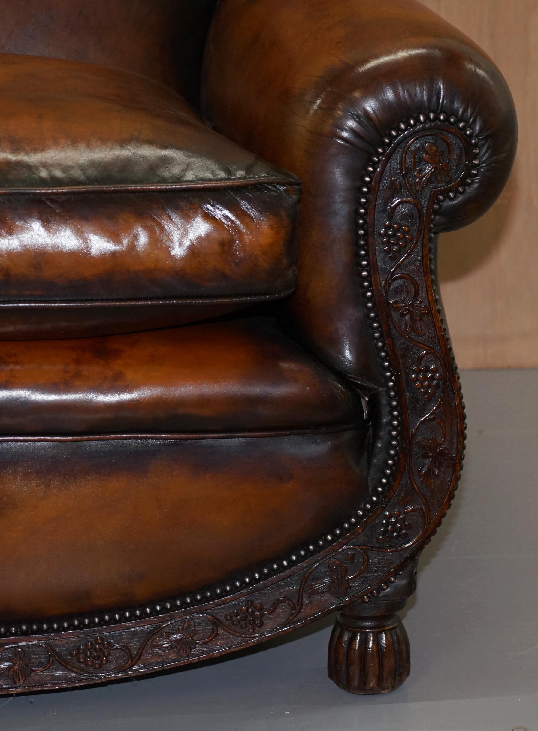 Luxury Victorian Hand Dyed Aged Brown Leather Two Seat Sofa Hand Carved Floral For Sale 7