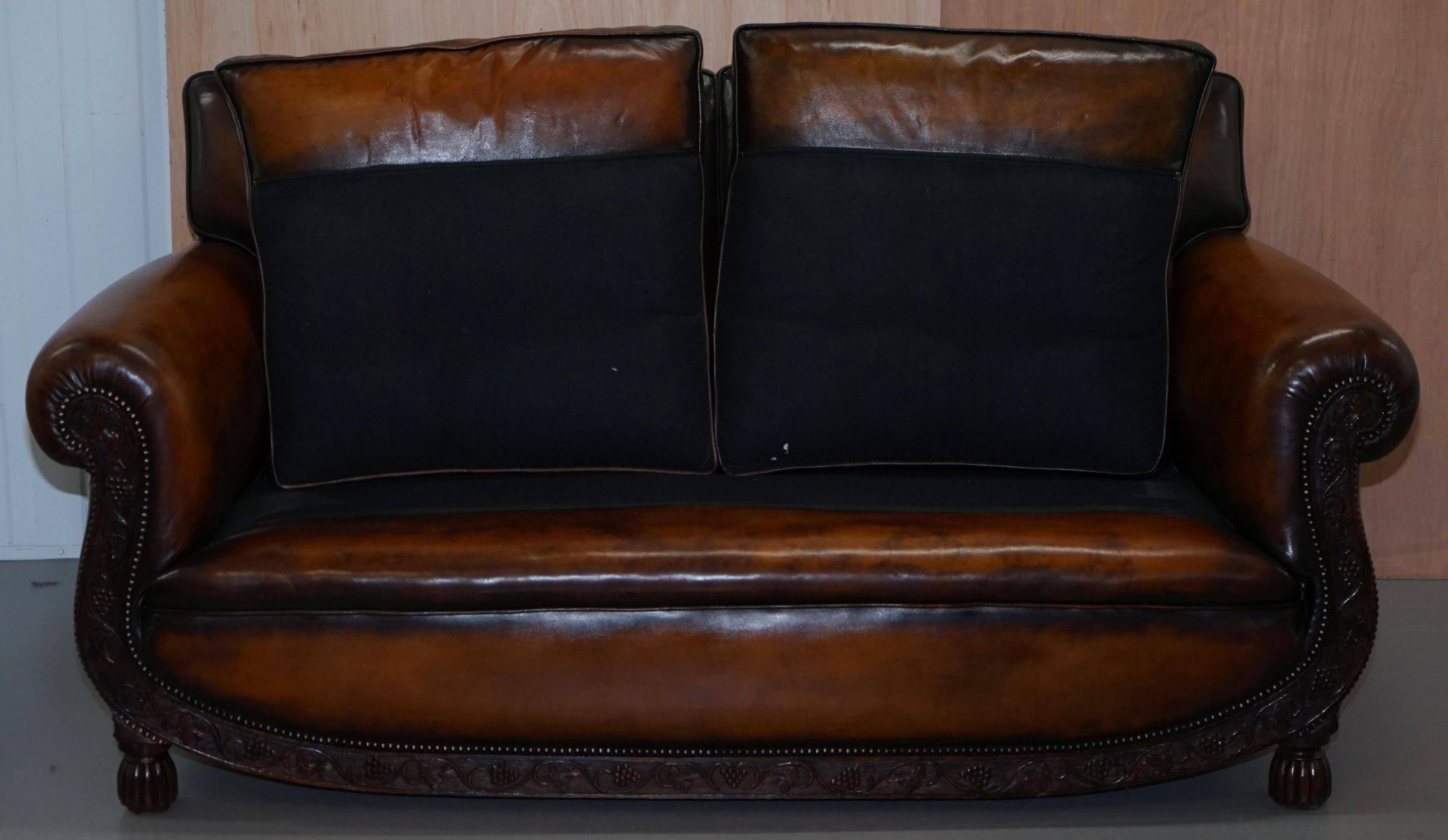 Luxury Victorian Hand Dyed Aged Brown Leather Two Seat Sofa Hand Carved Floral For Sale 9