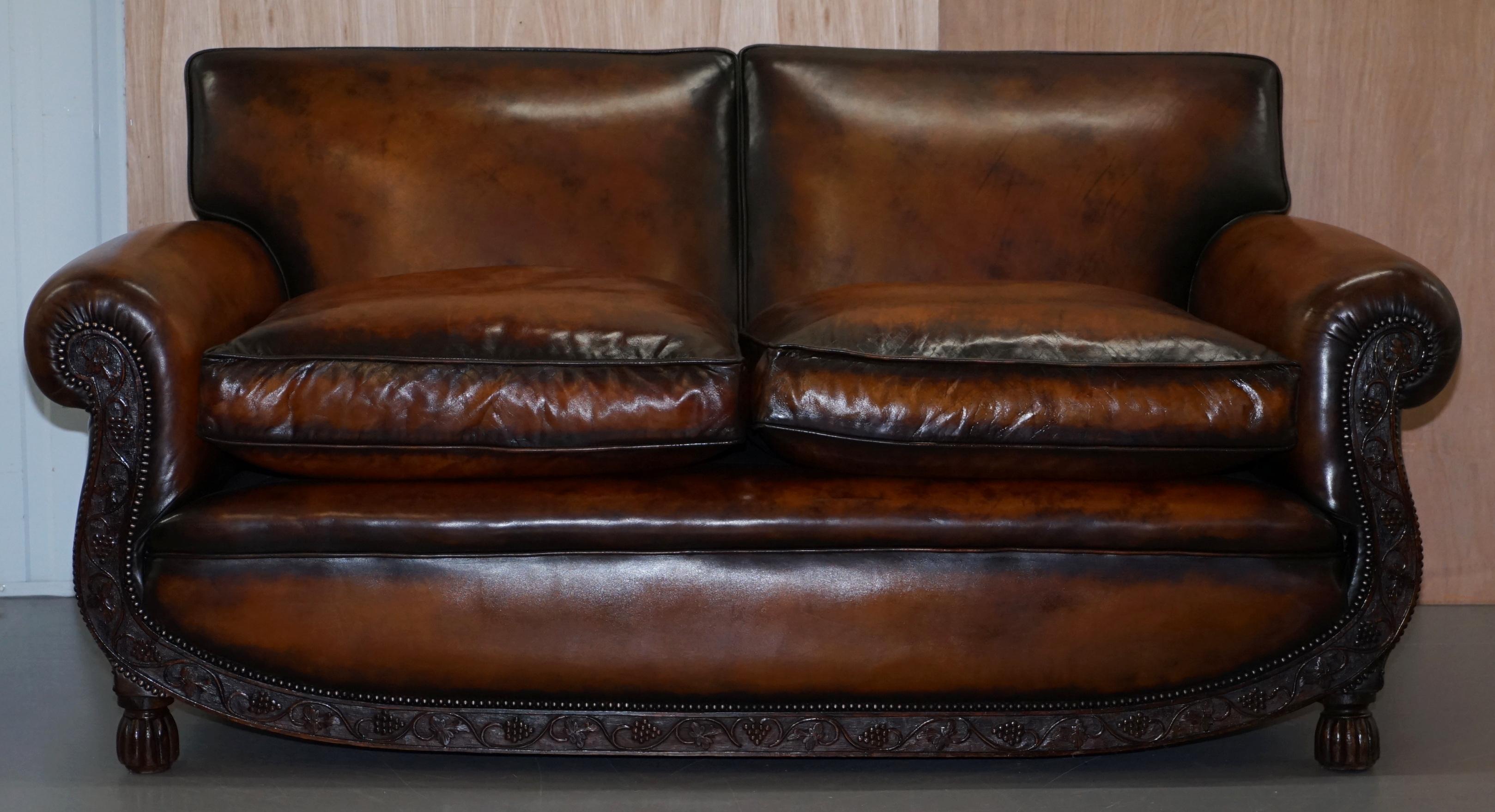 We are delighted to offer for sale this absolutely stunning fully restored hand dyed aged brown leather two-seat sofa

This sofa is just about as fine as you find anywhere, it has been reupholstered with premium natural cattle hide leather, we