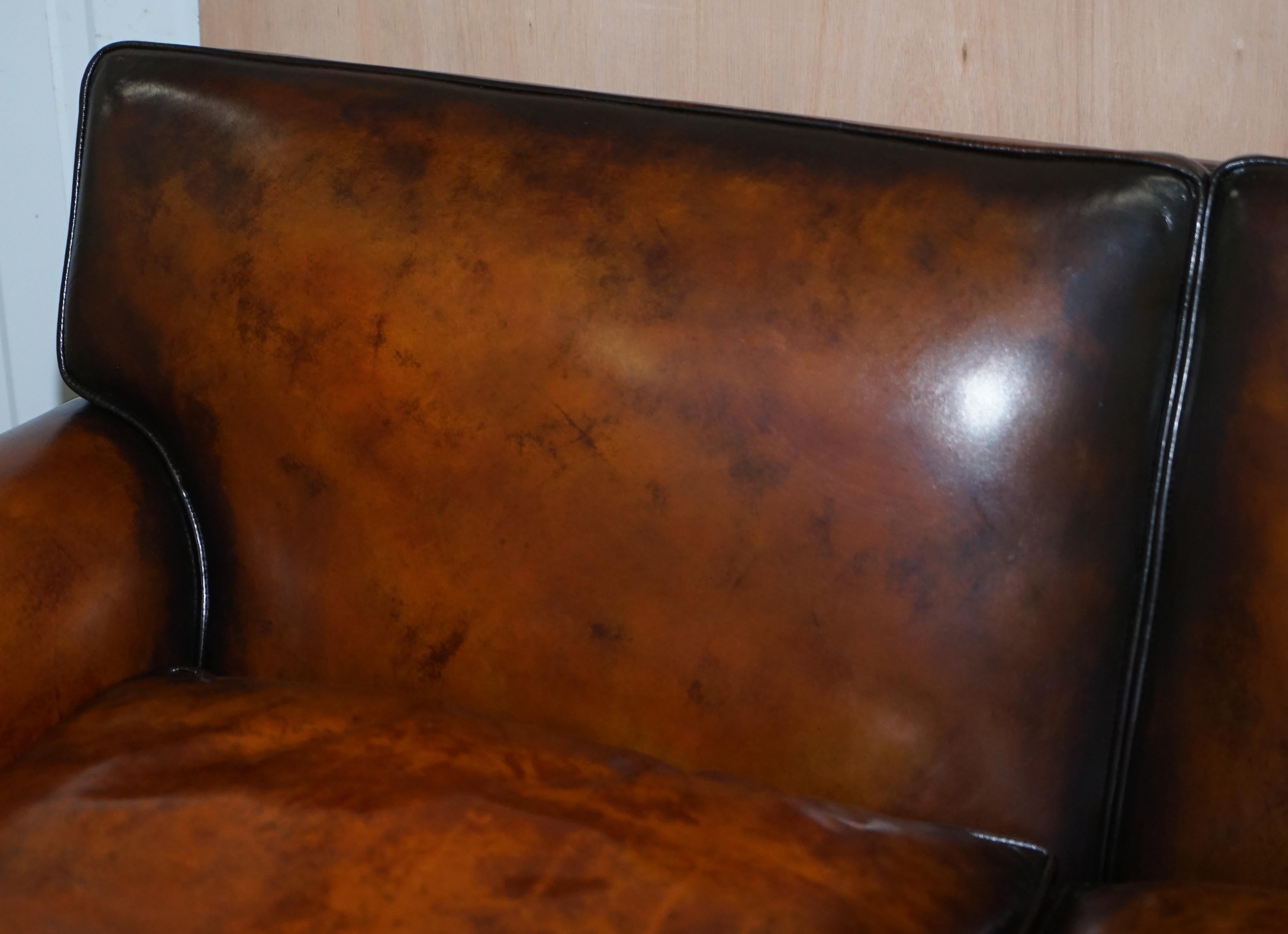 English Luxury Victorian Hand Dyed Aged Brown Leather Two Seat Sofa Hand Carved Floral For Sale