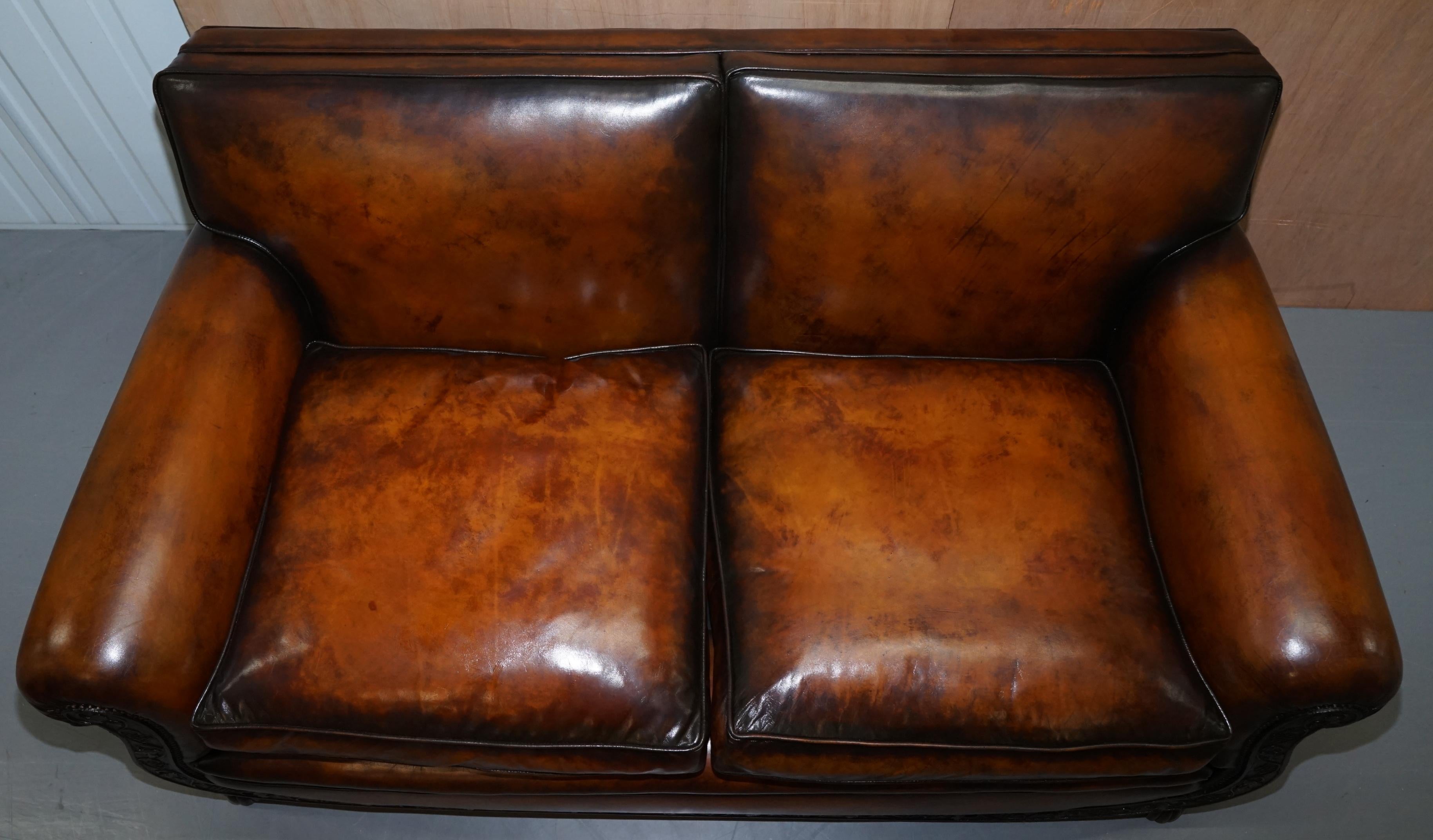 Hand-Crafted Luxury Victorian Hand Dyed Aged Brown Leather Two Seat Sofa Hand Carved Floral For Sale