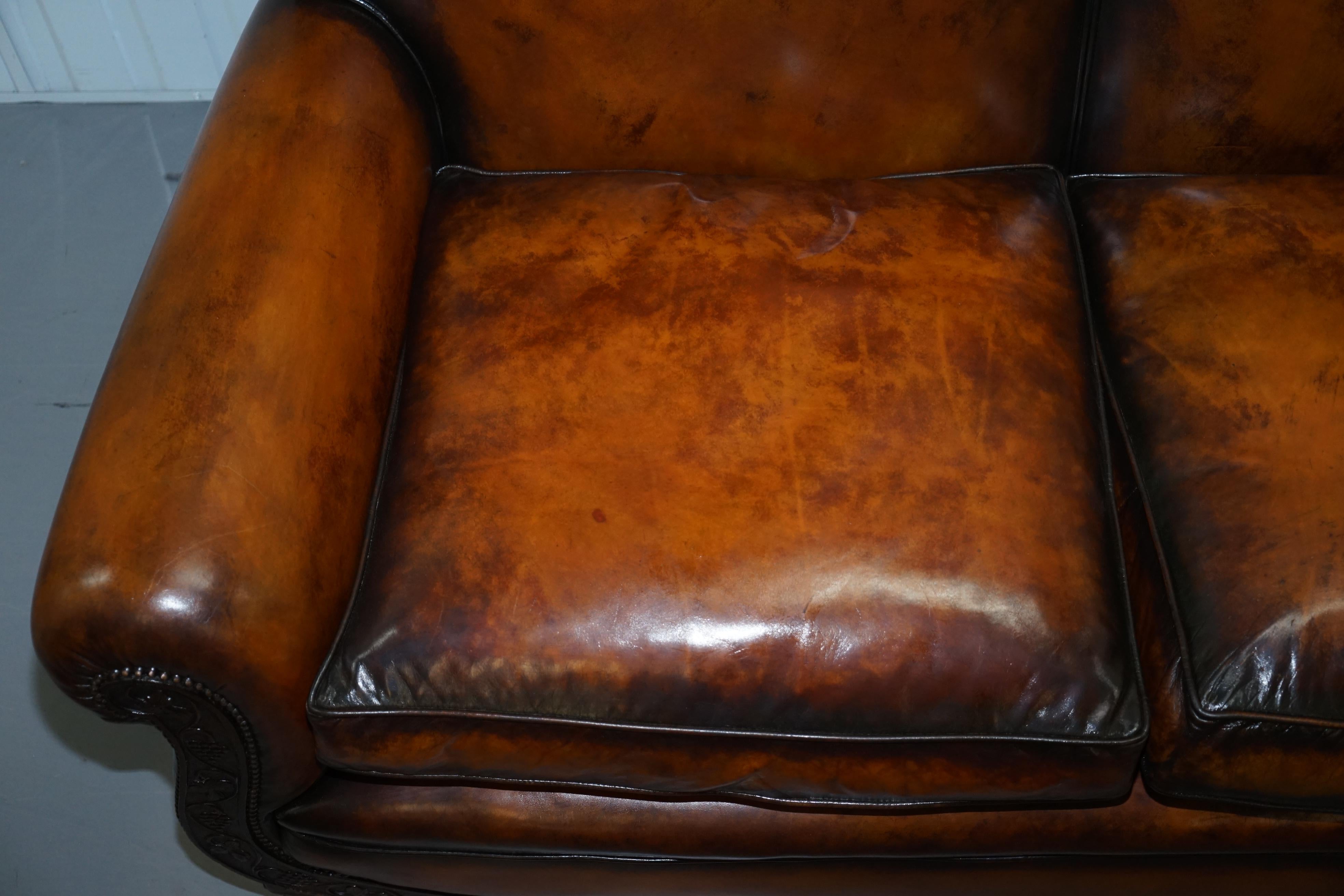 19th Century Luxury Victorian Hand Dyed Aged Brown Leather Two Seat Sofa Hand Carved Floral For Sale