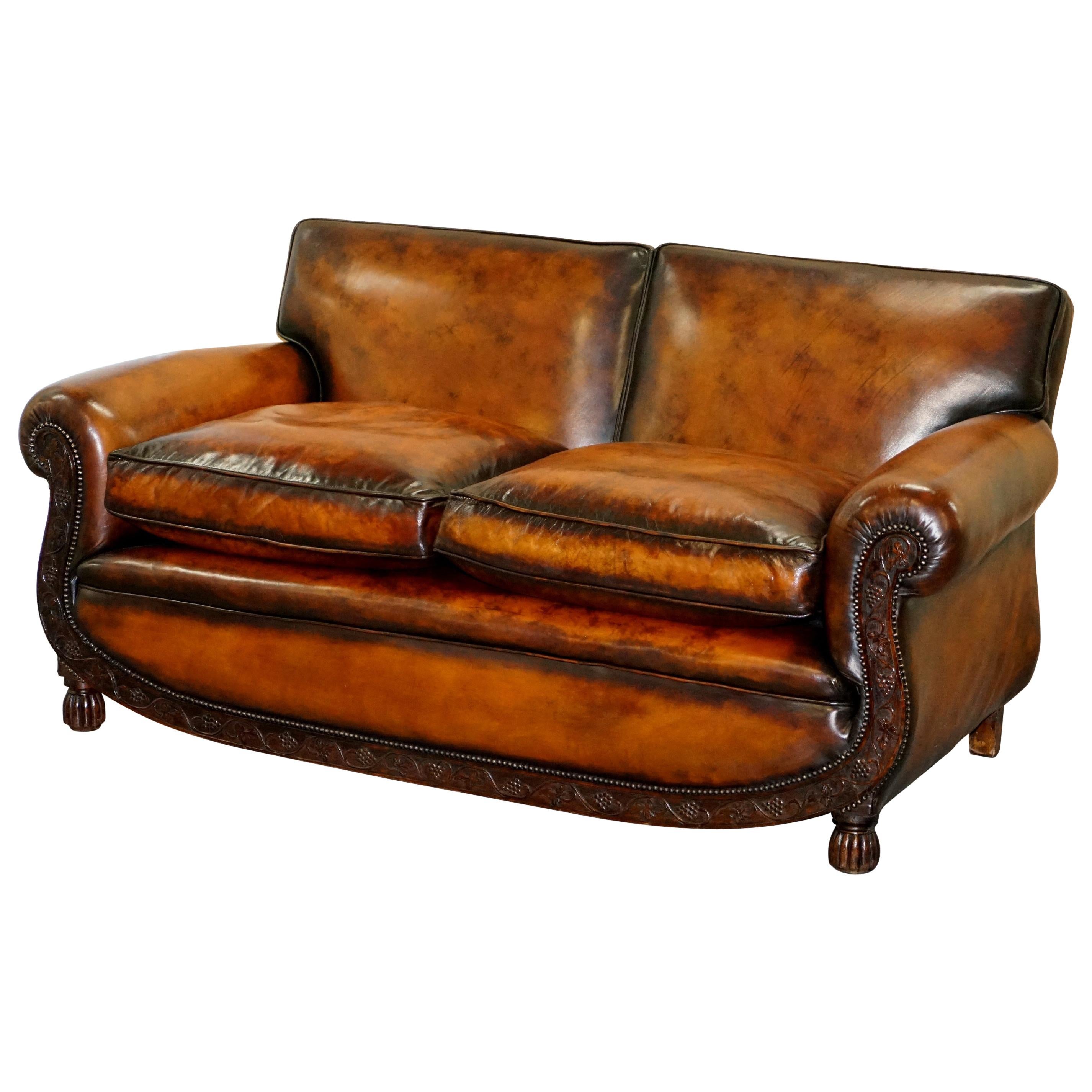 Luxury Victorian Hand Dyed Aged Brown Leather Two Seat Sofa Hand Carved Floral For Sale