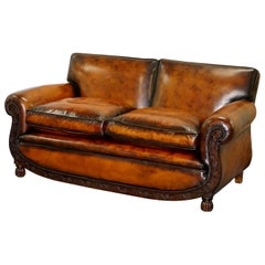 Antique Luxury Victorian Hand Dyed Aged Brown Leather Two Seat Sofa Hand Carved Floral