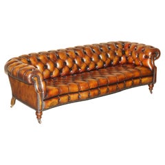 LUXURY ViCTORIAN SERPENTINE HAND DYED RESTORED BROWN LEATHER CHESTERFIELD SOFA