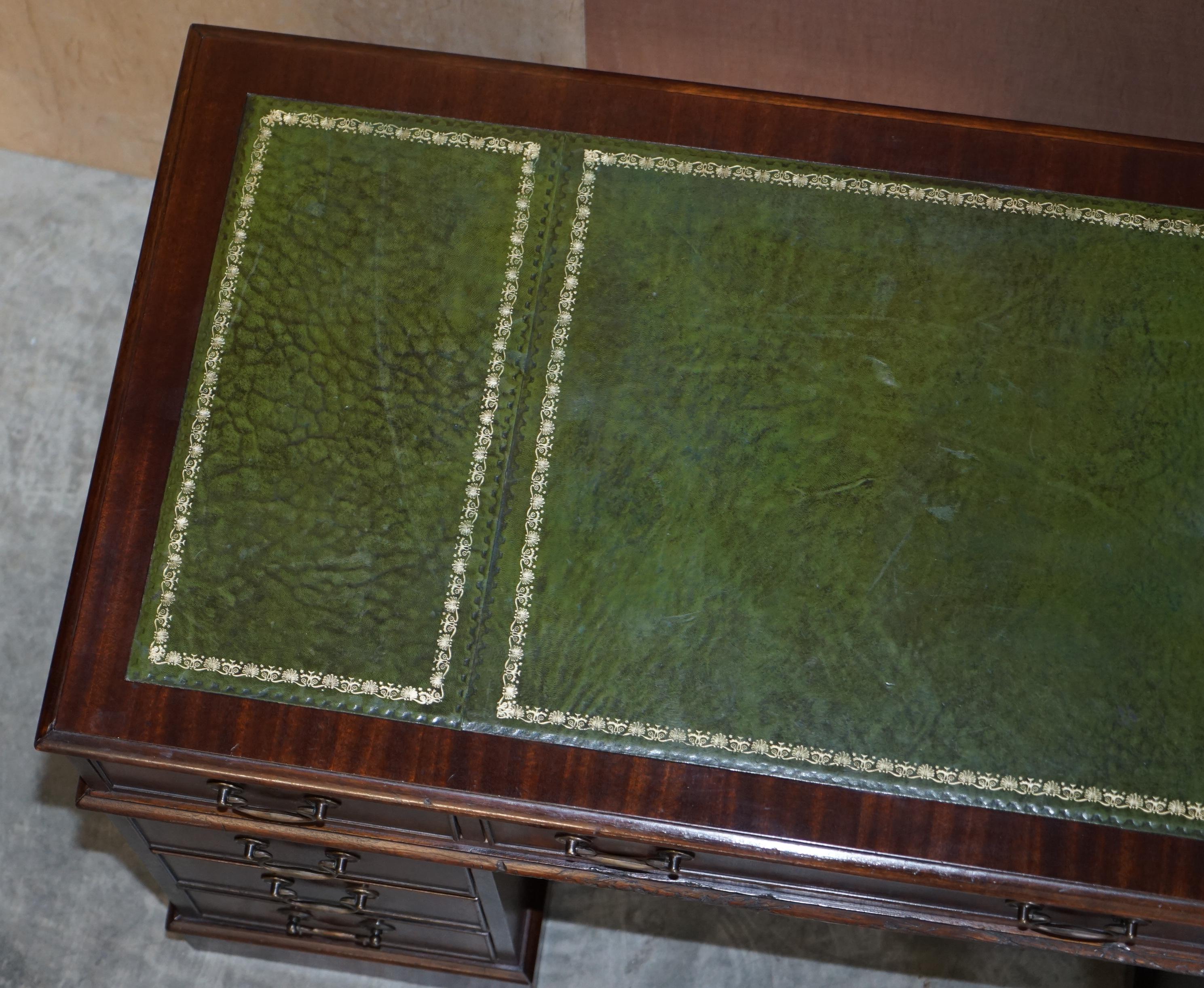 Luxury Vintage Green Leather Hardwood Twin Pedestal Traditional Partner Desk 2