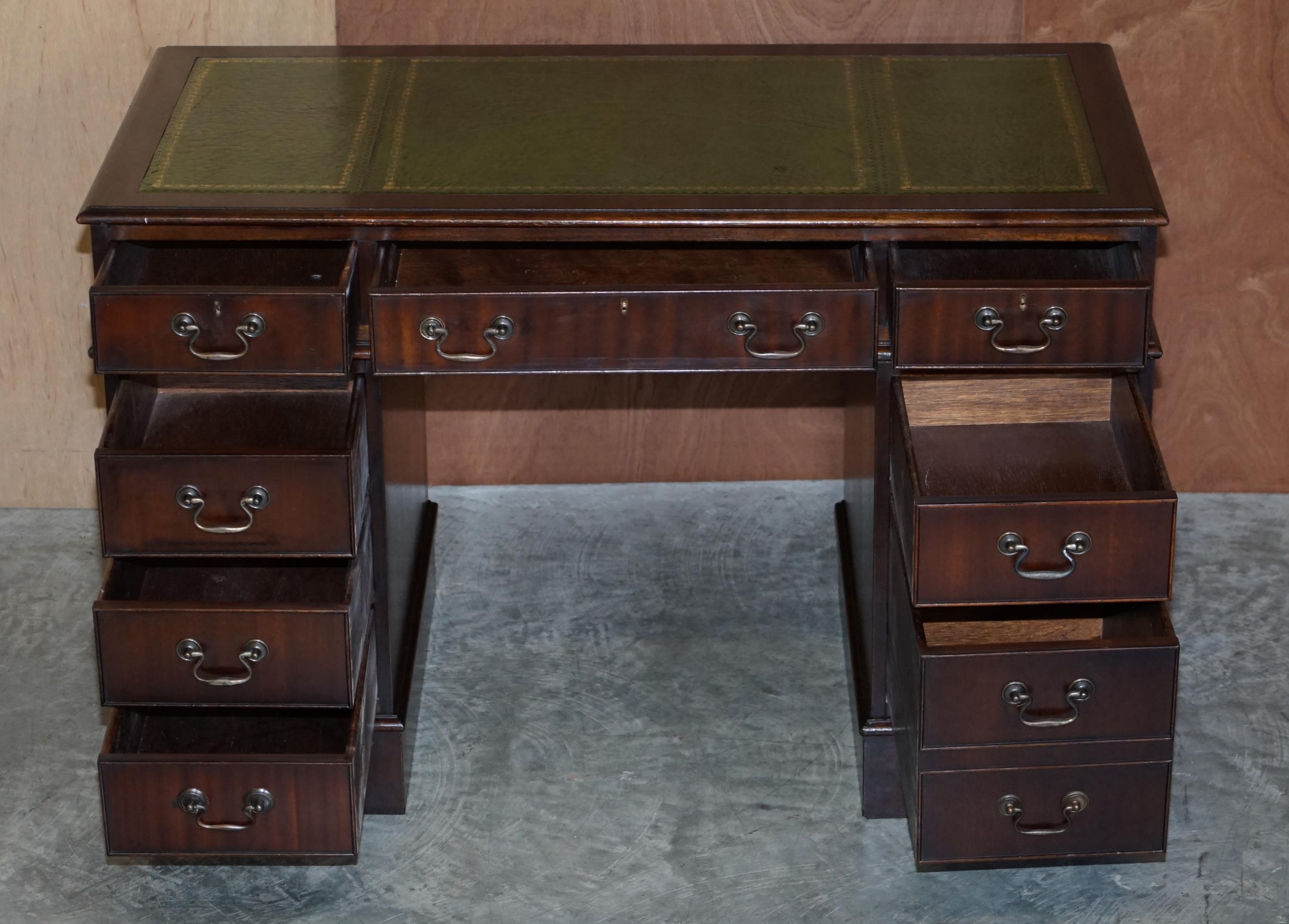 Luxury Vintage Green Leather Hardwood Twin Pedestal Traditional Partner Desk 9
