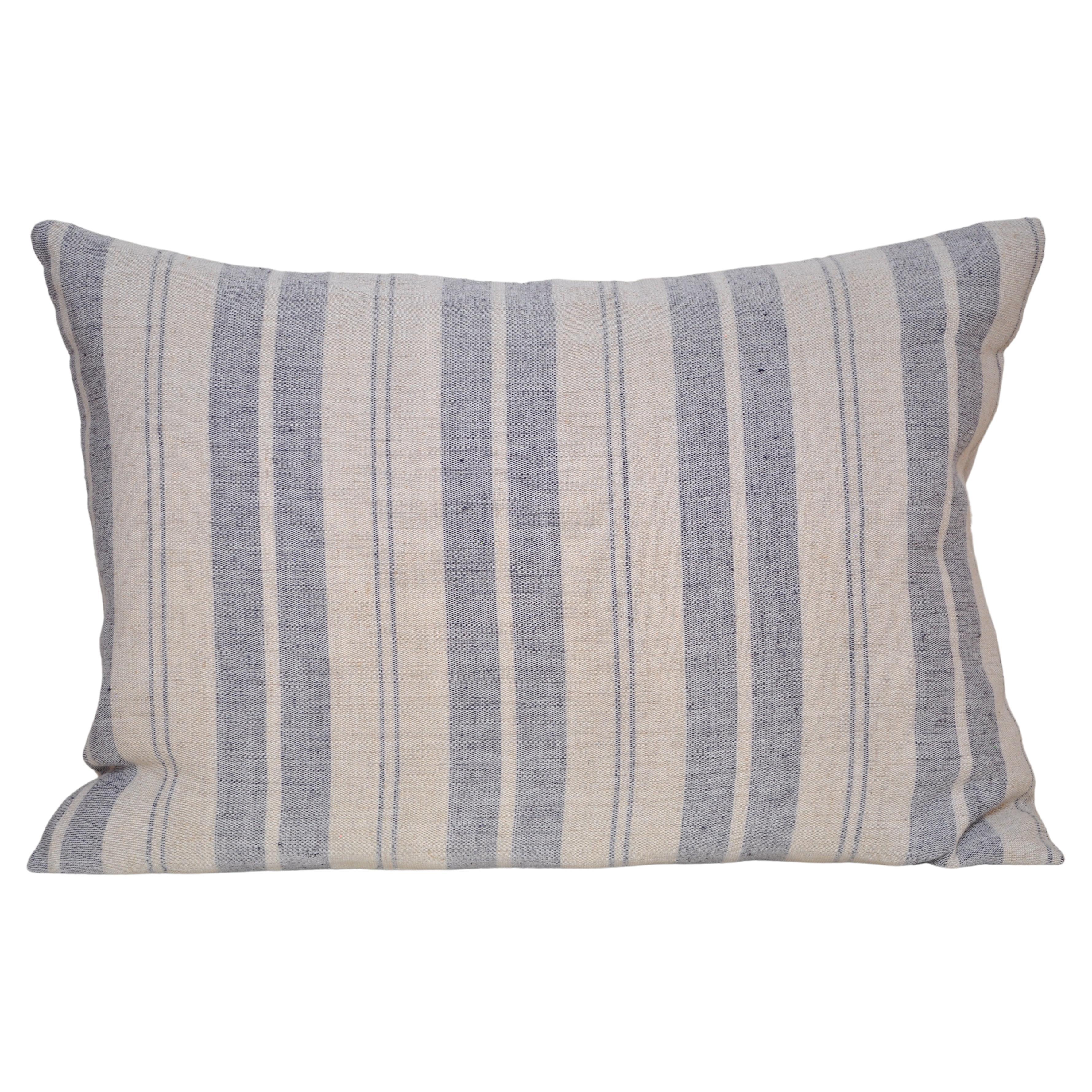 Luxury Vintage Irish Linen Pillow by Katie Larmour Couture Cushions Blue Stripe For Sale
