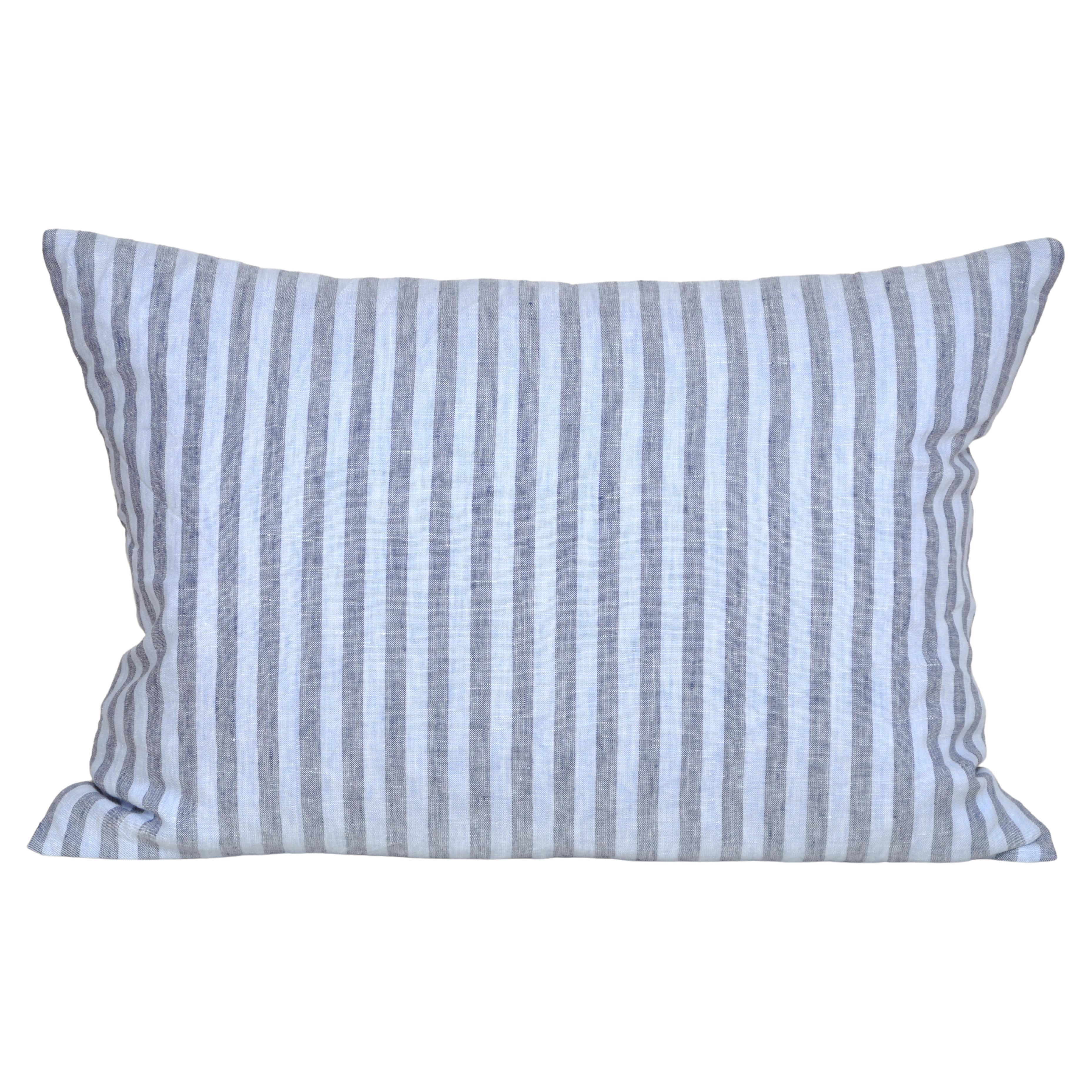 Luxury Vintage Irish Linen Pillow by Katie Larmour Couture Cushions Blue Stripe For Sale