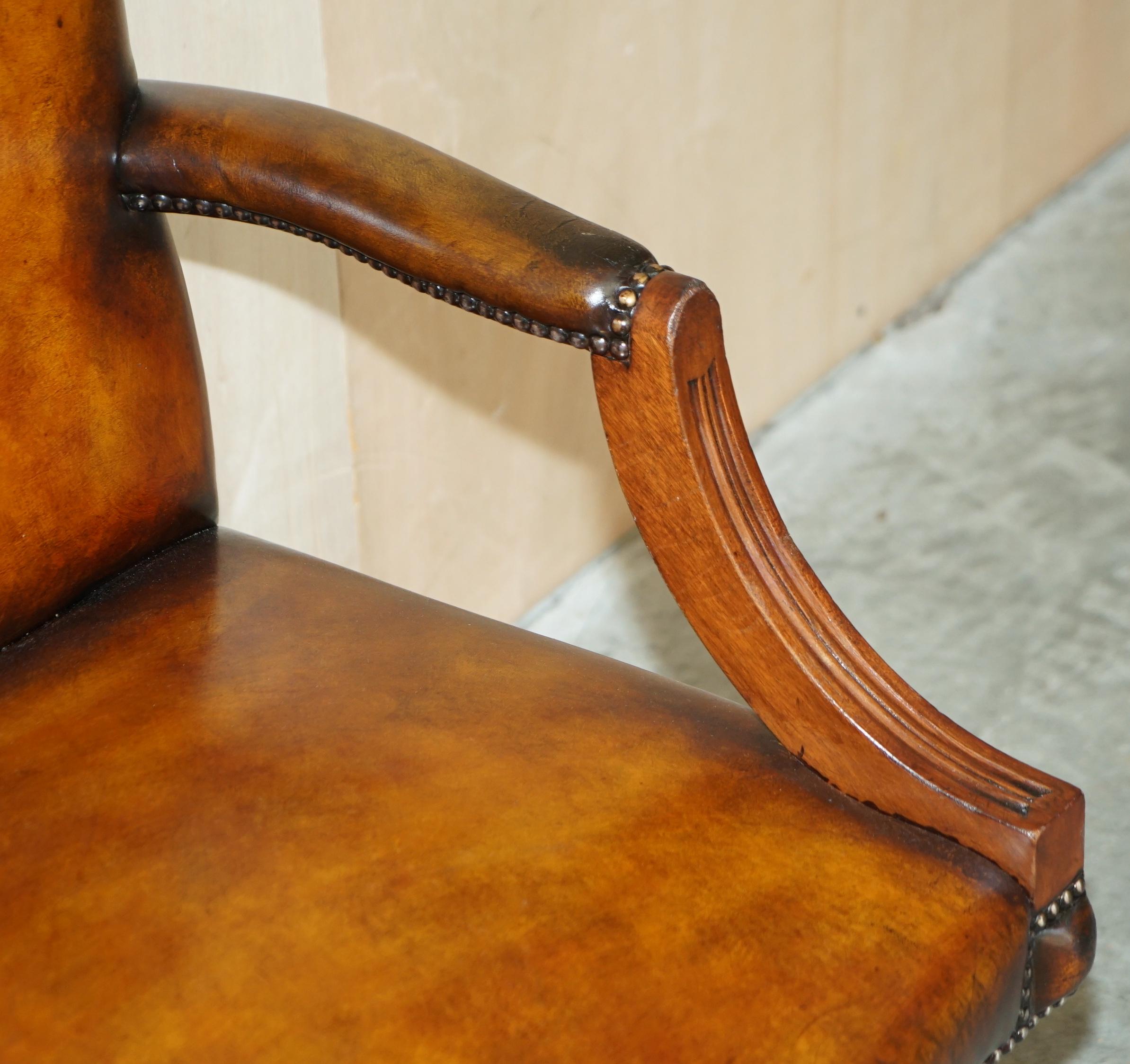 Luxury Vintage Restored Brown Leather Oak Framed Captains Directors Armchair For Sale 4