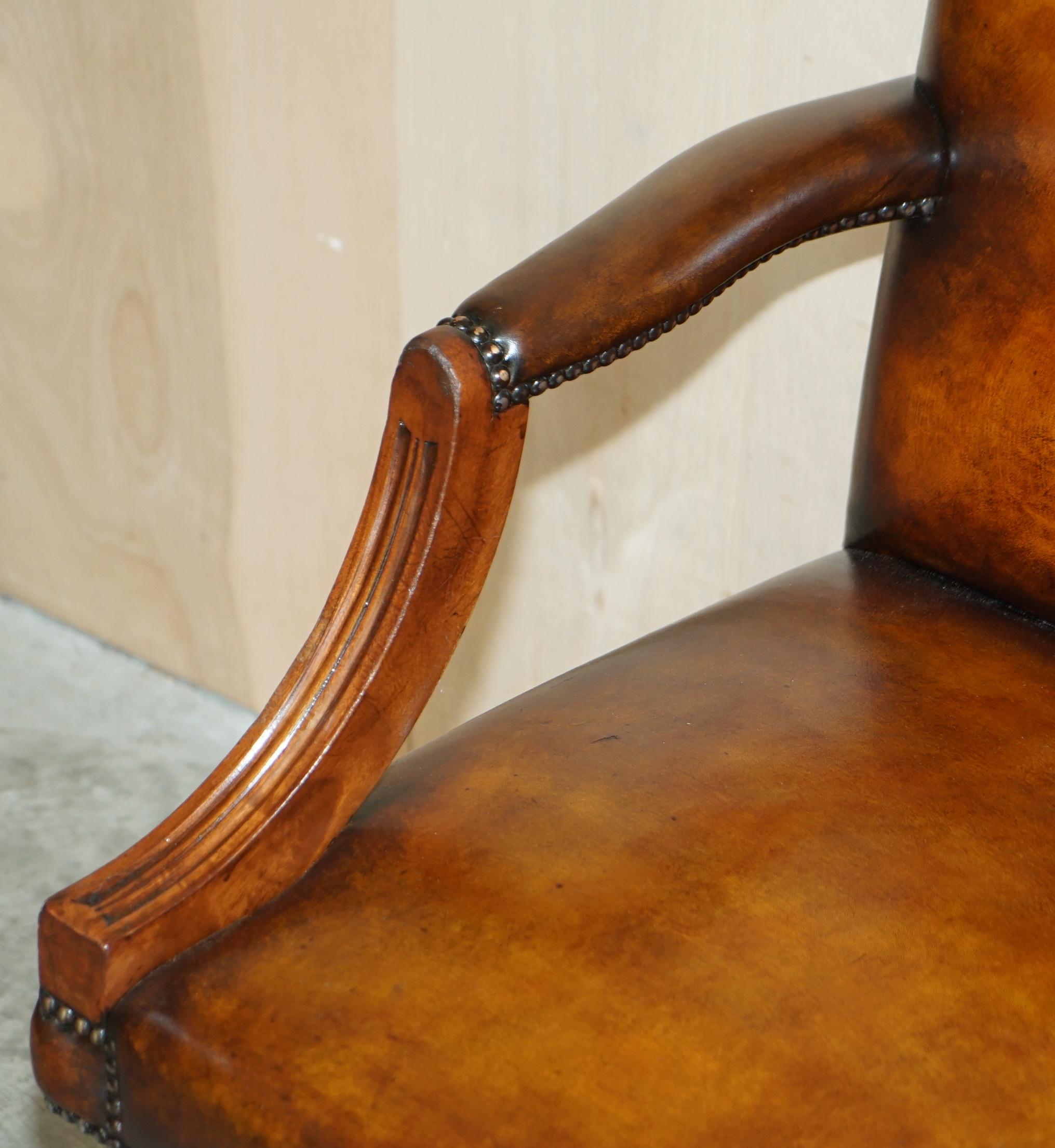 Luxury Vintage Restored Brown Leather Oak Framed Captains Directors Armchair For Sale 5