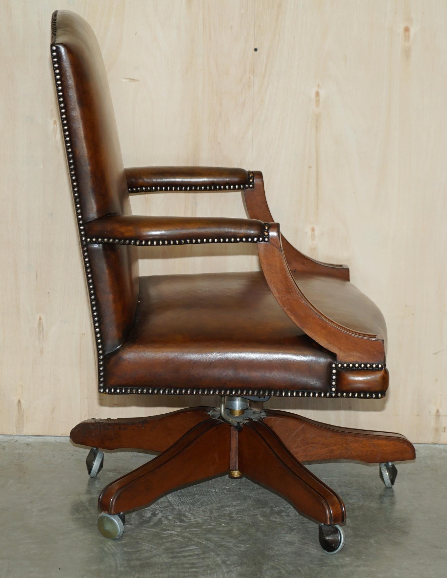 Luxury Vintage Restored Brown Leather Oak Framed Captains Directors Armchair For Sale 6