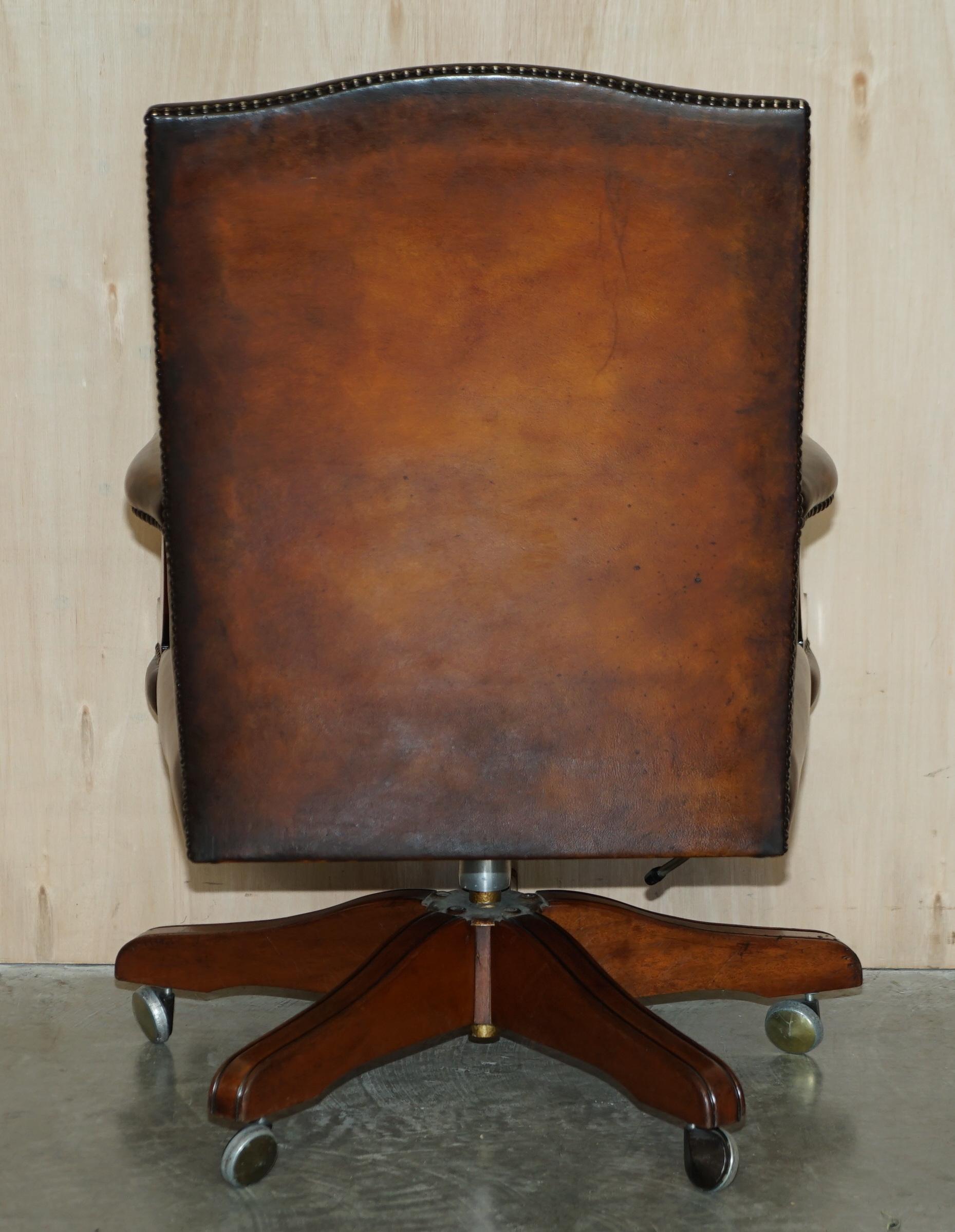 Luxury Vintage Restored Brown Leather Oak Framed Captains Directors Armchair For Sale 7
