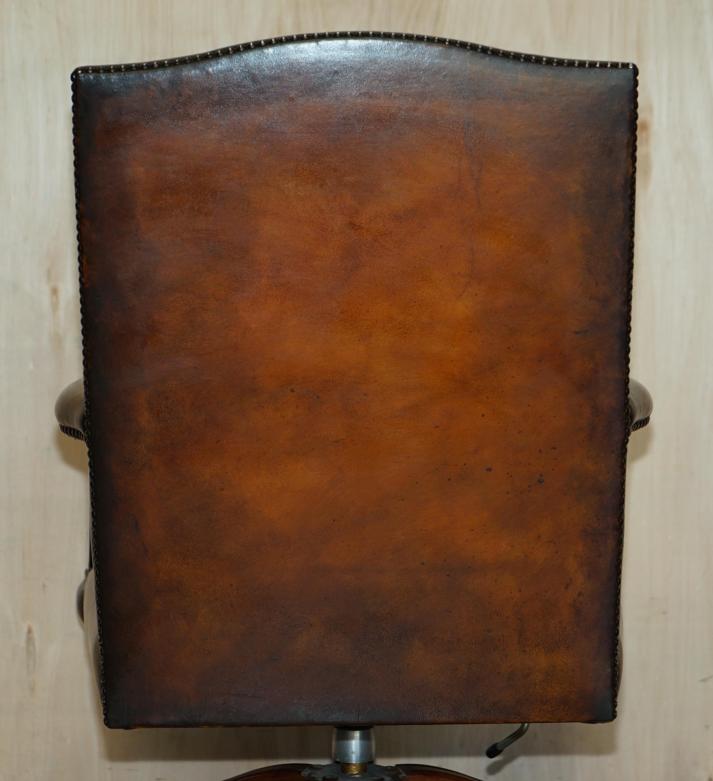 Luxury Vintage Restored Brown Leather Oak Framed Captains Directors Armchair For Sale 8