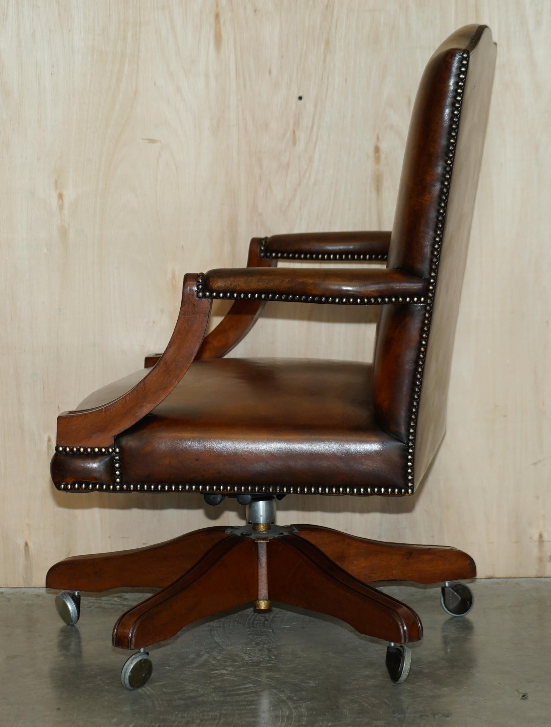 Luxury Vintage Restored Brown Leather Oak Framed Captains Directors Armchair For Sale 9