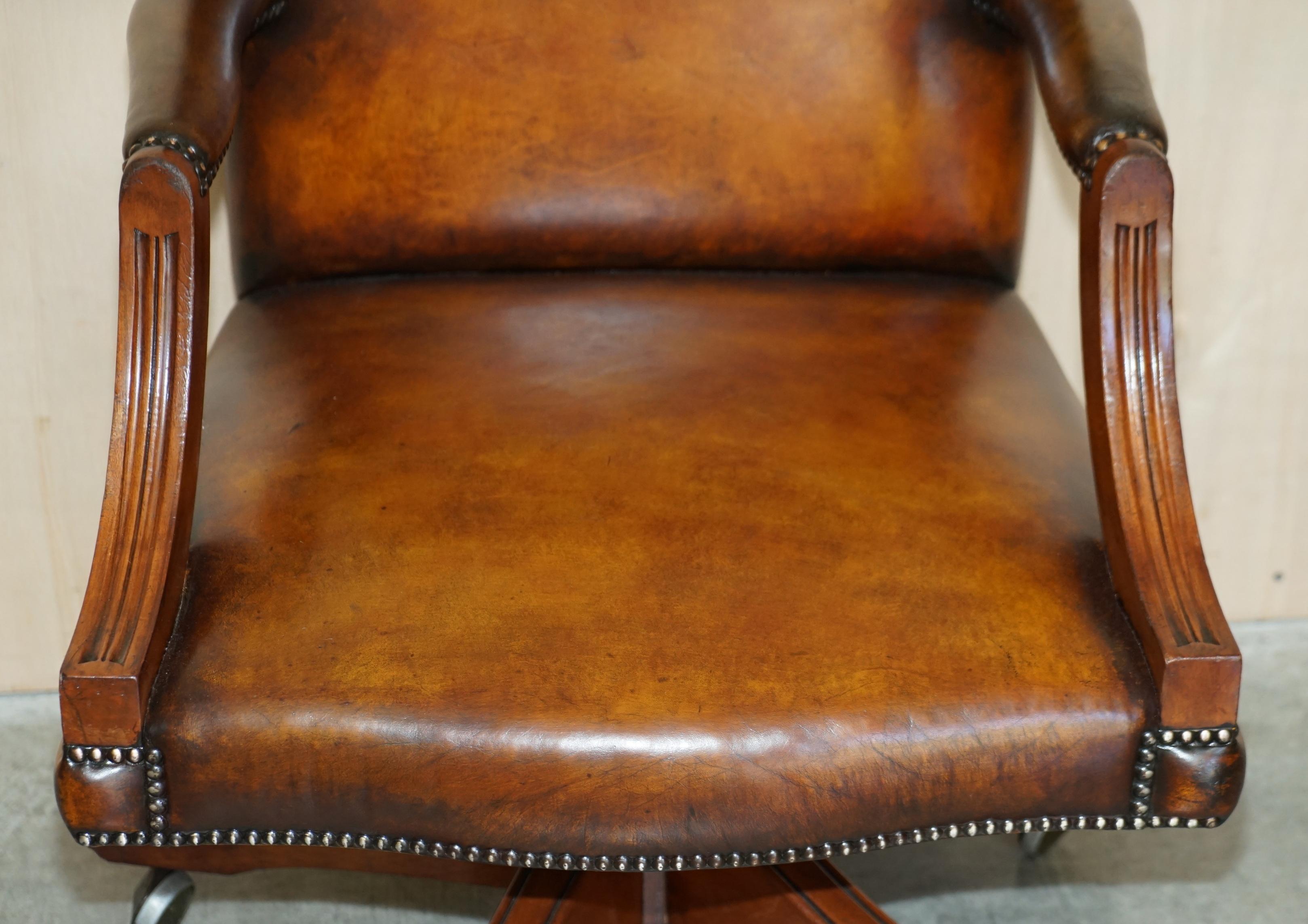 English Luxury Vintage Restored Brown Leather Oak Framed Captains Directors Armchair For Sale