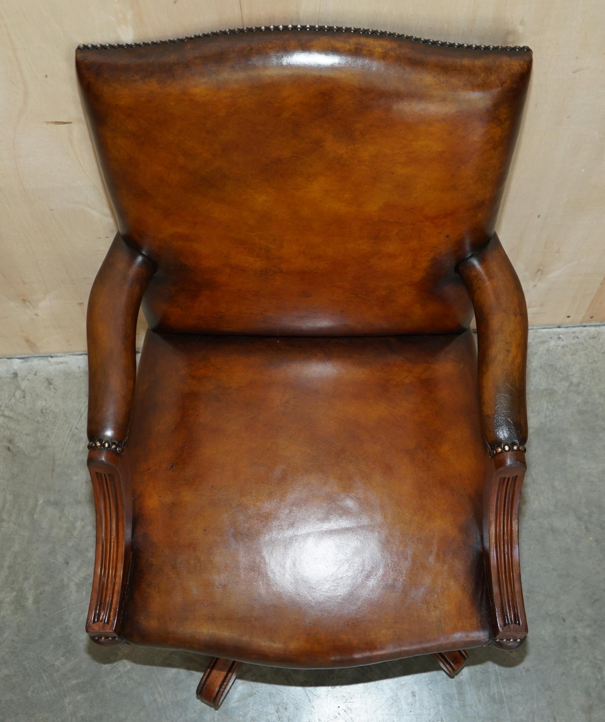 Luxury Vintage Restored Brown Leather Oak Framed Captains Directors Armchair For Sale 2