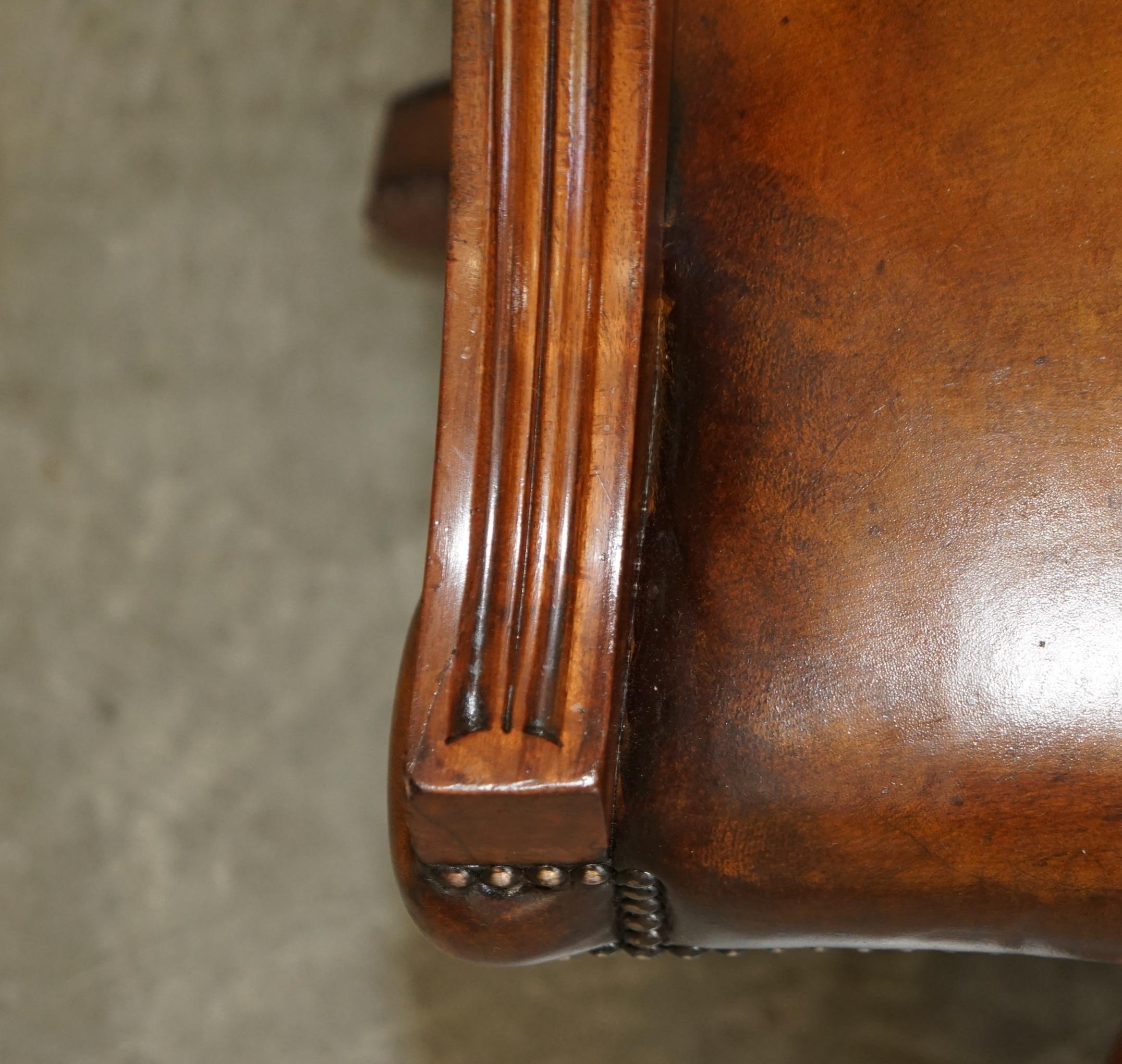 Luxury Vintage Restored Brown Leather Oak Framed Captains Directors Armchair For Sale 3