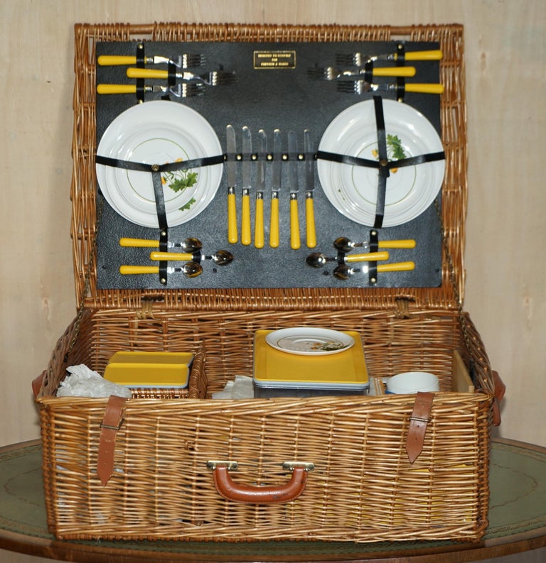 Luxury Vintage Six Person Fortnum and Mason Wicker Picnic Hamper Crystal For Sale at 1stDibs