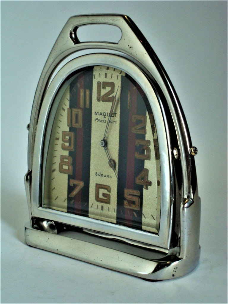 French Luxury Vintage Stirrup Table Clock Maquet Paris, Nice 8 Jours, France, 1940s For Sale